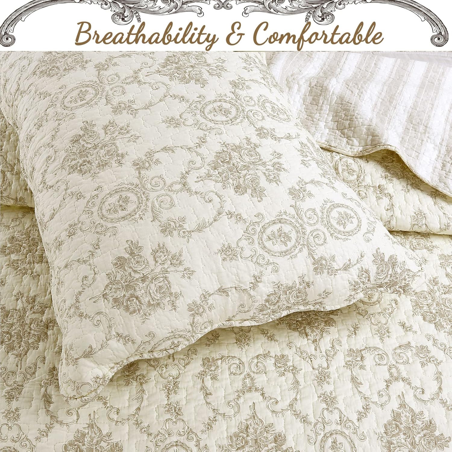 Cozy Line Home Fashions French Medallion 100% Cotton Bedding Quilt Set, Beige Ivory Rose Flower Reversible Coverlet Bedspread (Cream Eggnog, Queen -3 piece)