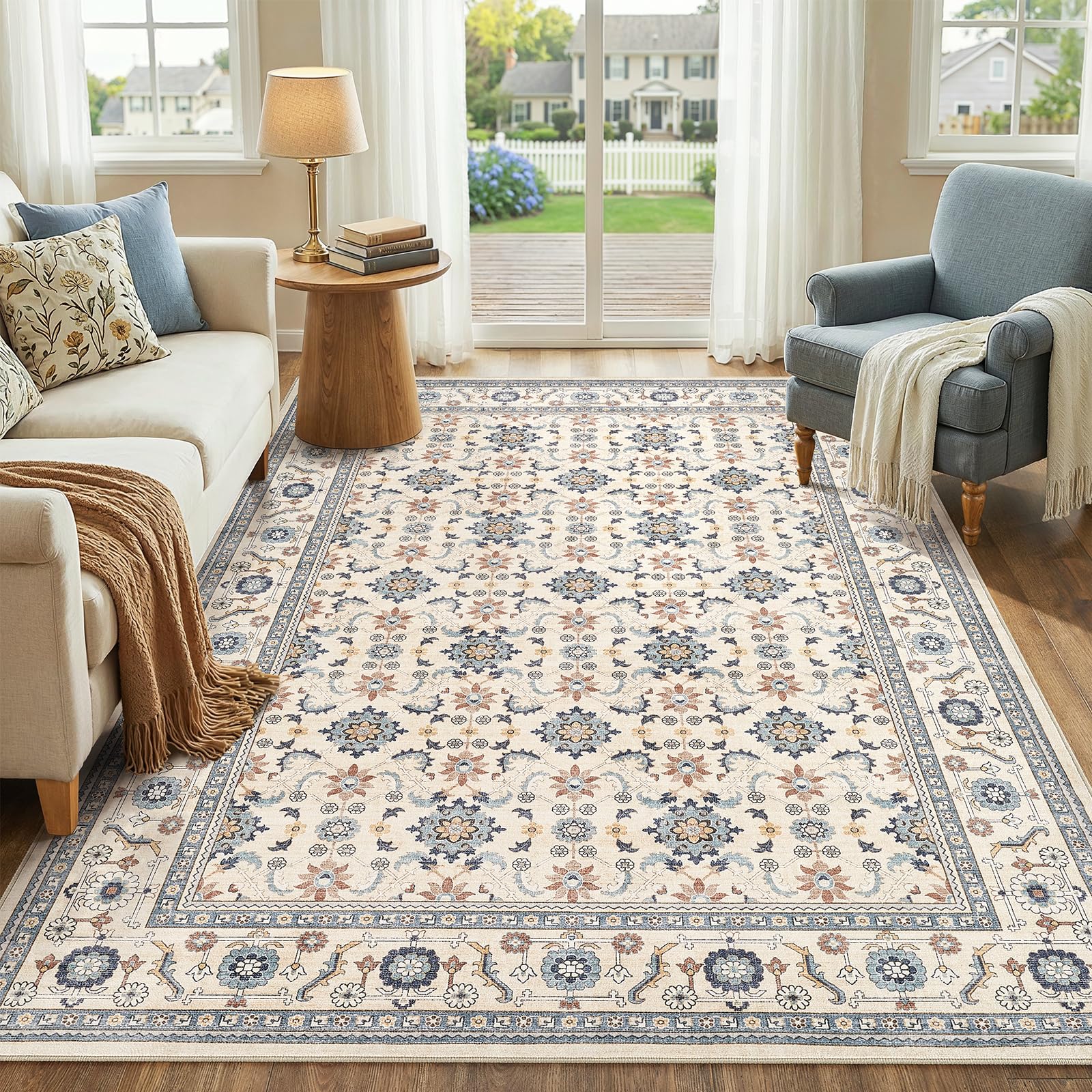 WITSHOCK 10x14 Area Rugs Living Room: Washable Large Neutral Vintage Soft Rug Stain Resistant Non-Slip Farmhouse Indoor Low Pile Floor Carpet for Bedroom Nursery Kids Office- Light Blue