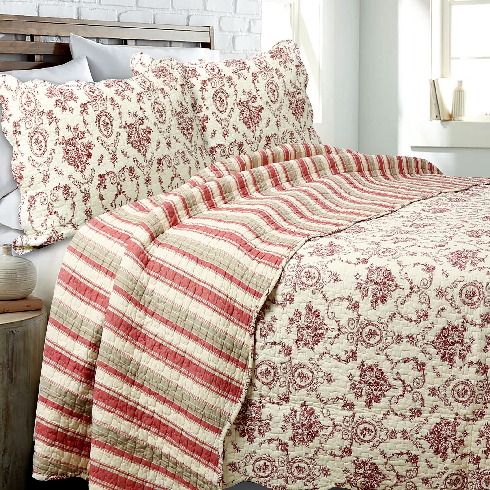 Cozy Line Home Fashions French Medallion 100% Cotton Bedding Quilt Set, Beige Ivory Rose Flower Reversible Coverlet Bedspread (Cream Eggnog, Queen -3 piece)