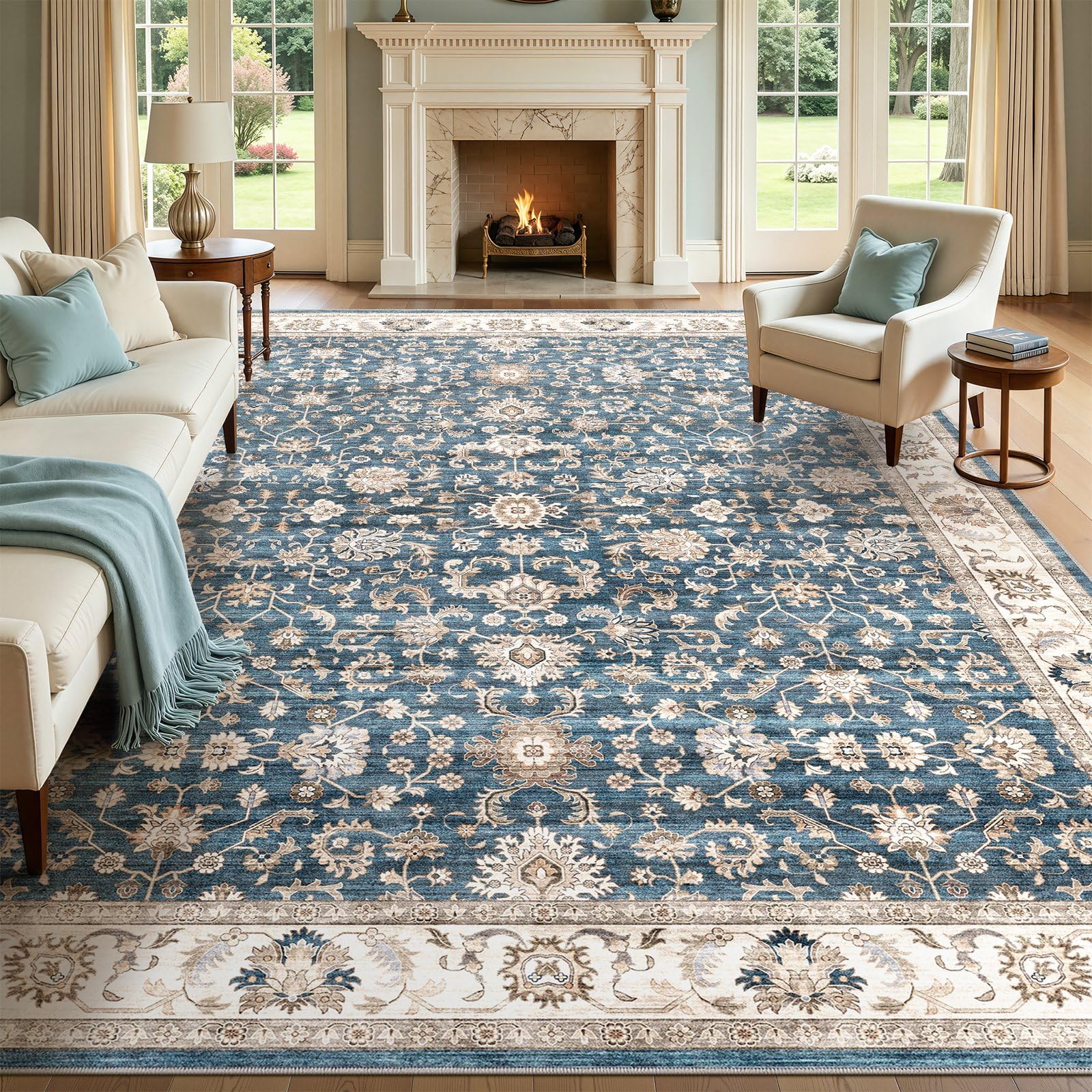 WITSHOCK 10x14 Area Rugs Living Room: Washable Large Neutral Vintage Soft Rug Stain Resistant Non-Slip Farmhouse Indoor Low Pile Floor Carpet for Bedroom Nursery Kids Office- Light Blue
