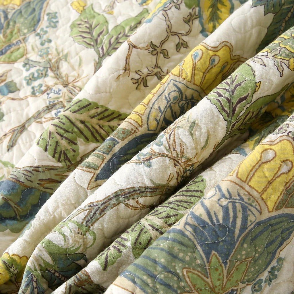DURLENGEN Forest 100% Cotton Queen Quilt 3Pcs,Bohemian Reversible Leaves & Flowers Pattern on White, Luxury Lightweight Coverlet Sets for All Season(Queen 90x96,Forest)