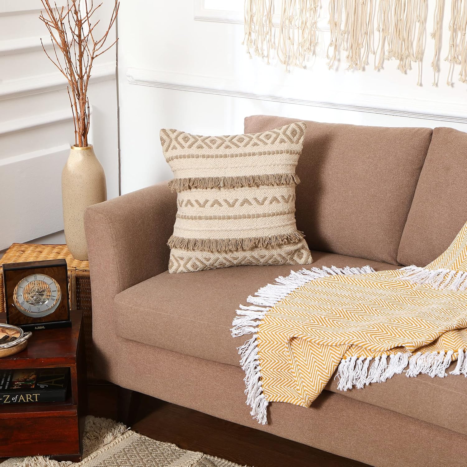 REDEARTH Handmade Boho Throw Pillow Covers - Bohemian Chic Farmhouse Style - Accent Woven Indoor and Outdoor Pillow Cushion Cases for Couch - Bed - Chair - Sofa - Benches – Set of 2-18"x18" - Taupe