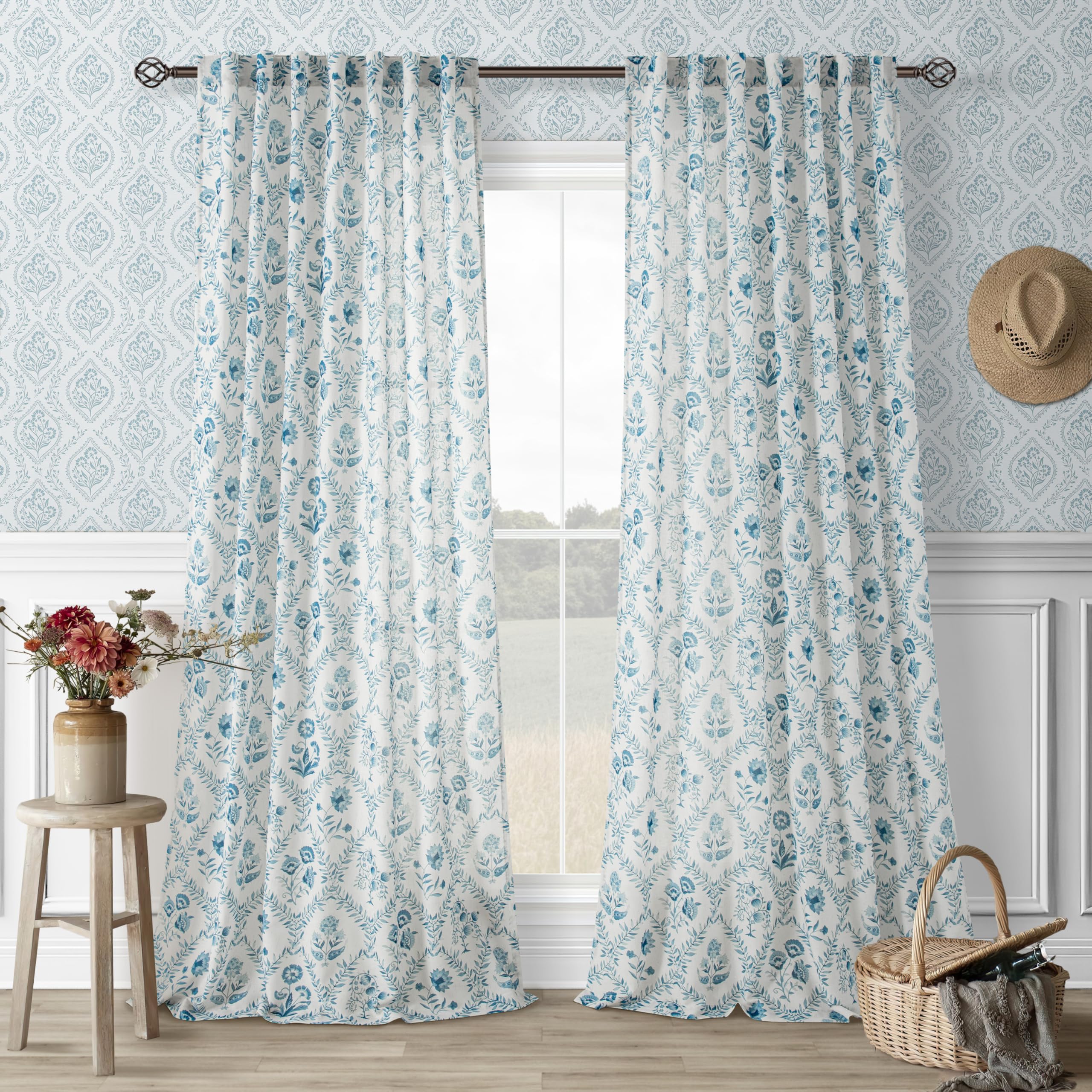 TWOPANELS Spring Farmhouse Floral Linen Curtains 84 Inch Length for Living Room Bedroom 2 Panels Semi Sheer Curtains Back Tab Tan Brown Patterned Flower on Beige Farmhouse Boho Rustic Window Drapes