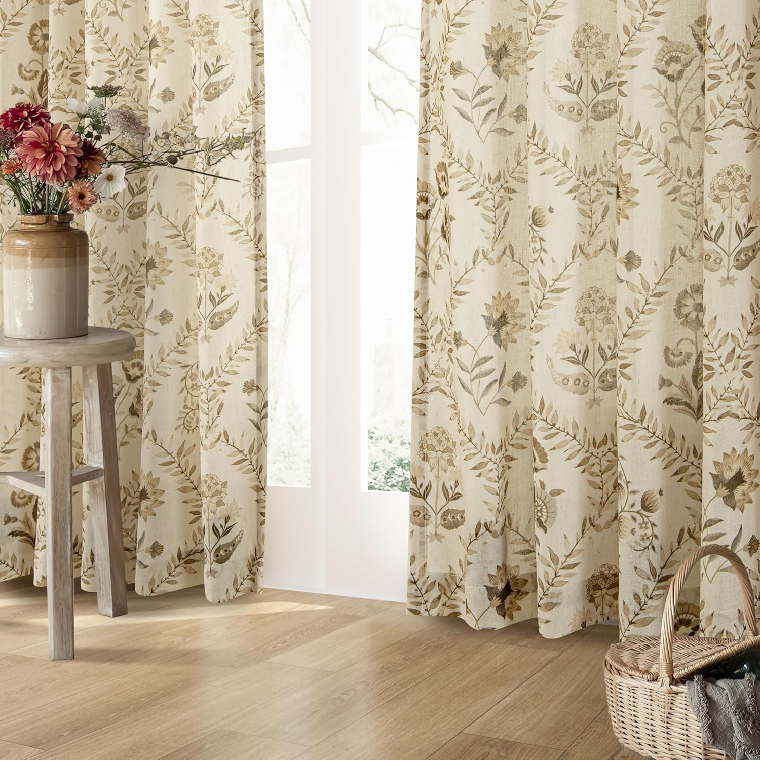 TWOPANELS Spring Farmhouse Floral Linen Curtains 84 Inch Length for Living Room Bedroom 2 Panels Semi Sheer Curtains Back Tab Tan Brown Patterned Flower on Beige Farmhouse Boho Rustic Window Drapes