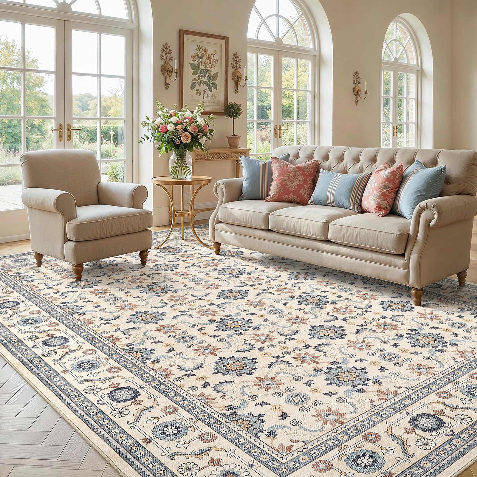 WITSHOCK 10x14 Area Rugs Living Room: Washable Large Neutral Vintage Soft Rug Stain Resistant Non-Slip Farmhouse Indoor Low Pile Floor Carpet for Bedroom Nursery Kids Office- Light Blue