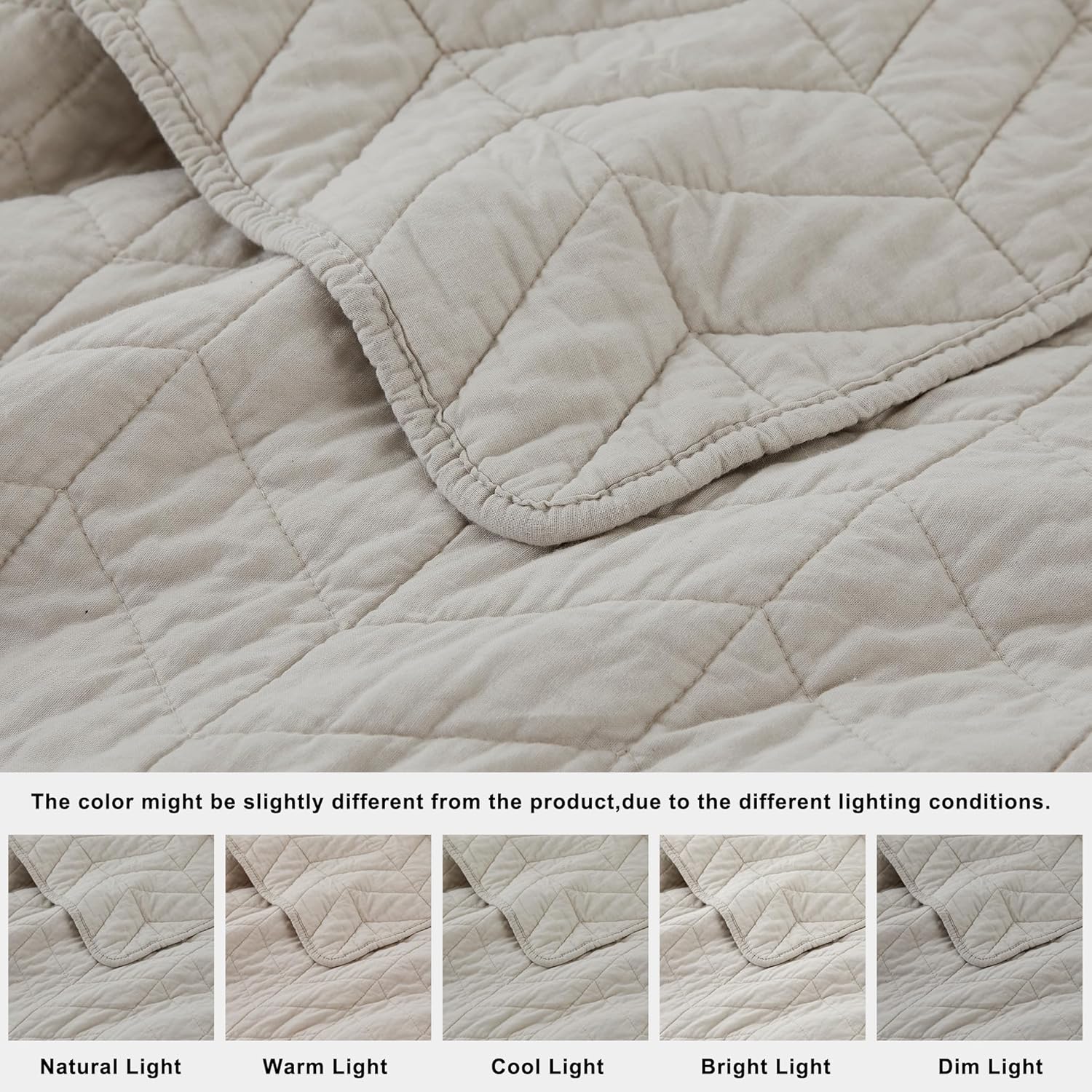 palassio Beige Cotton Quilt Queen Size Bedding Sets with Pillow Shams, White Lightweight Soft Bedspread Coverlet, Tan Cream Quilted Comforter Bed Cover for All Season, 3 Pieces, 90x96 inches