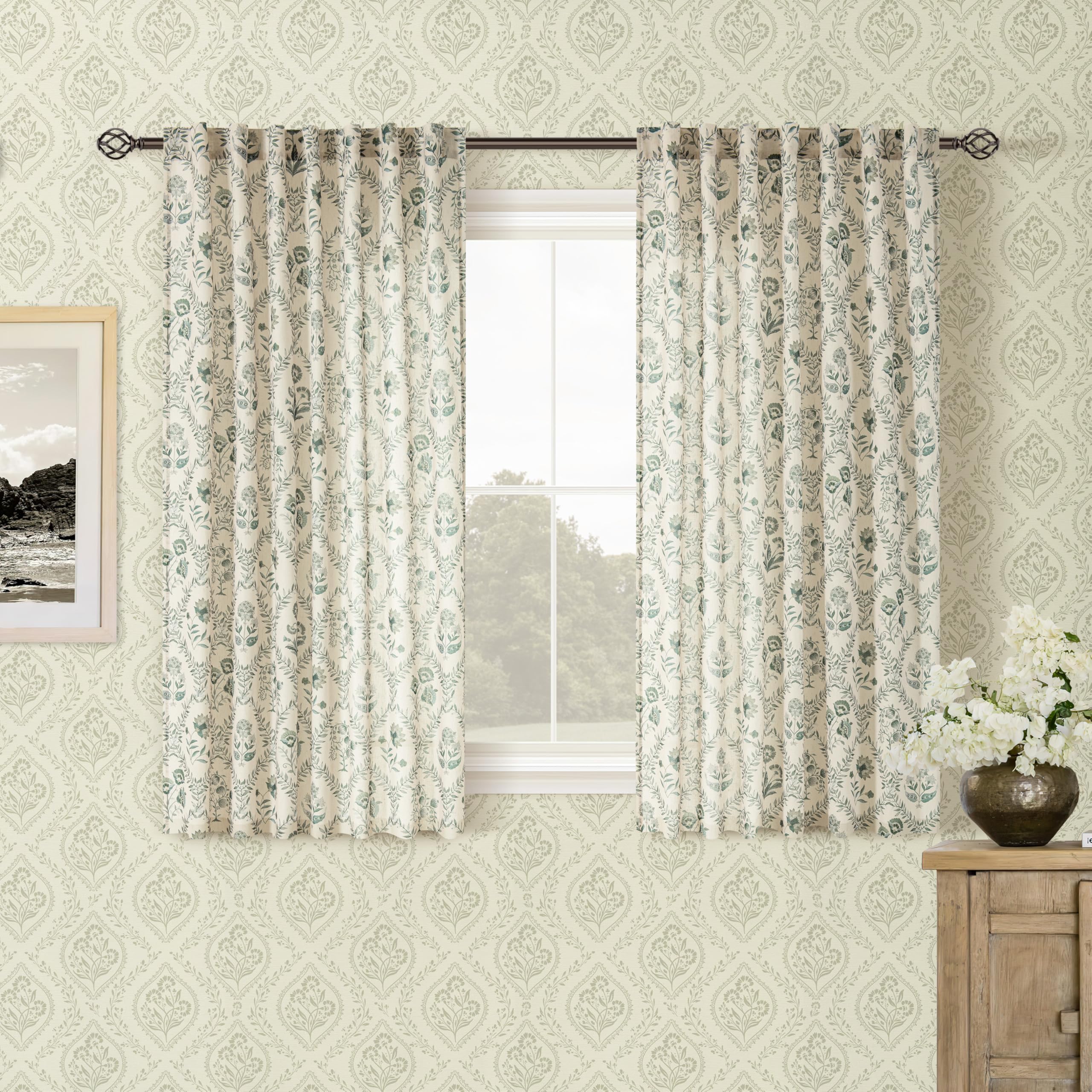 TWOPANELS Spring Farmhouse Floral Linen Curtains 84 Inch Length for Living Room Bedroom 2 Panels Semi Sheer Curtains Back Tab Tan Brown Patterned Flower on Beige Farmhouse Boho Rustic Window Drapes
