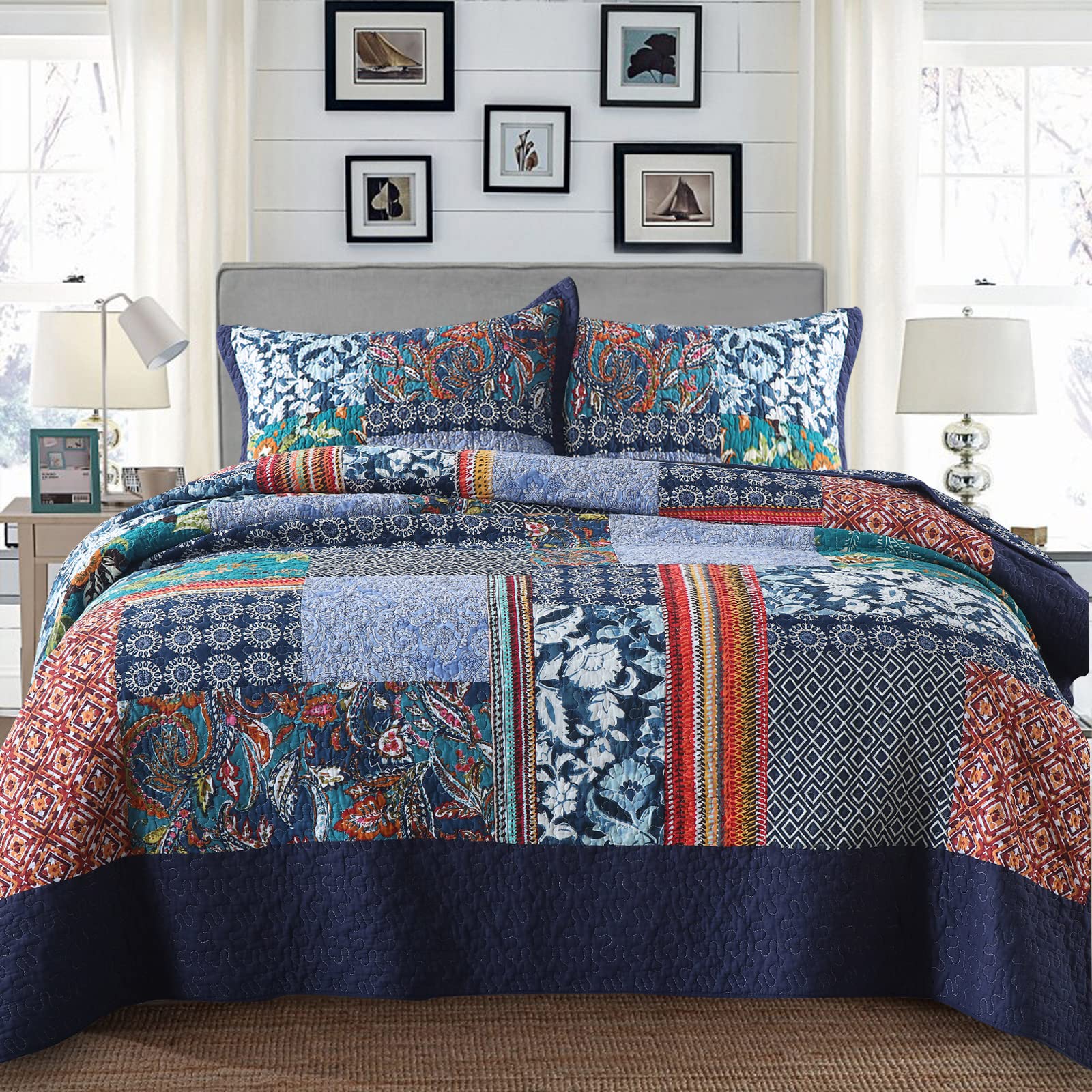 Yvooxny Quilts Queen Size Reversible Lightweight Bedspread 3-Piece Quilt Set Plaid Floral Patchwork 100% Cotton Queen Quilt Set Bedding Set with Pillow Shams for All Seasons, Azure Blue, 90x98''