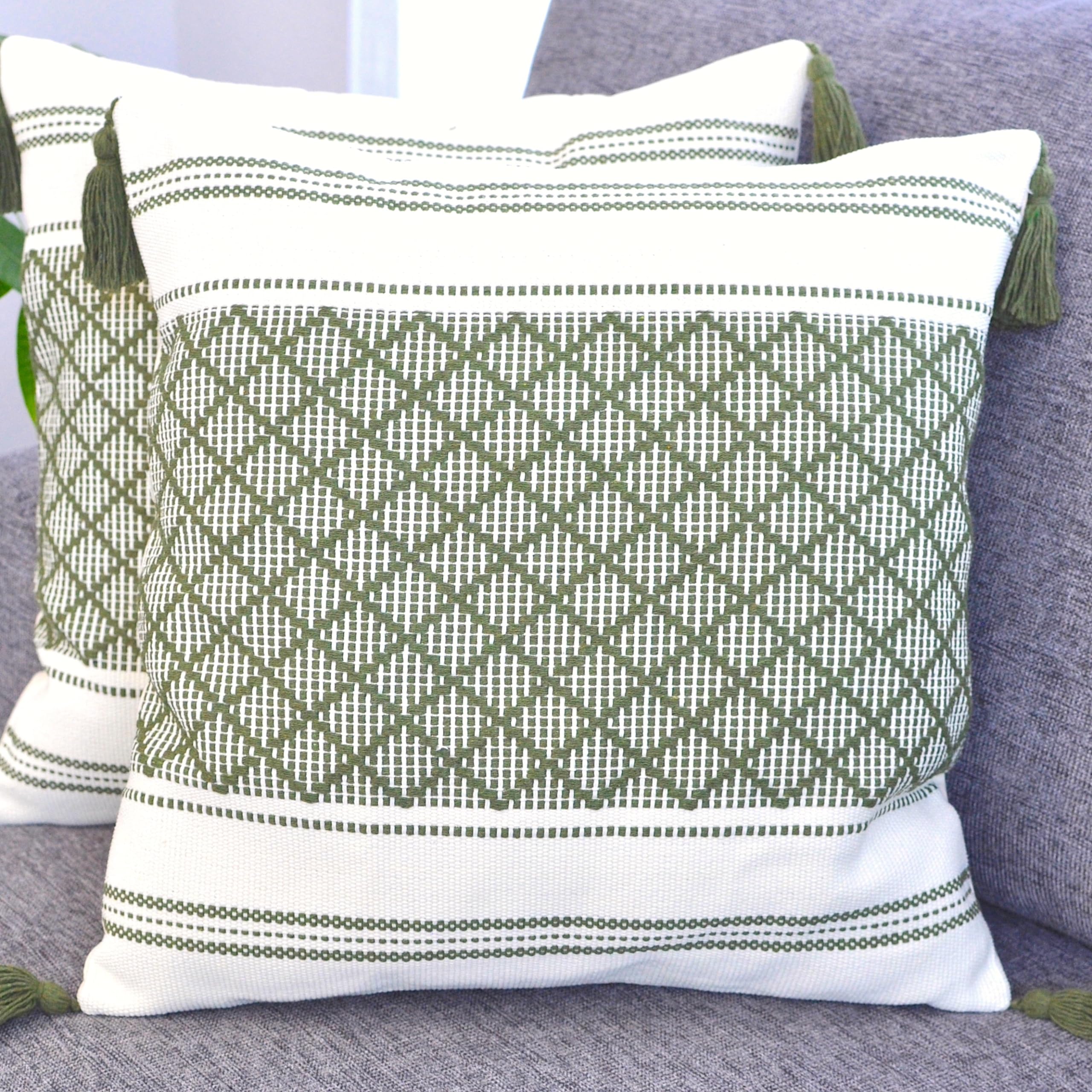 Boho Throw Pillow Covers with Tassels Navy Blue 16x16 inches Set of 2 Checkered Geometric Pattern/Decorative Square Pillow Covers for Couch Sofa Indoor Outdoor/Farmhouse Accent Pillow Cases