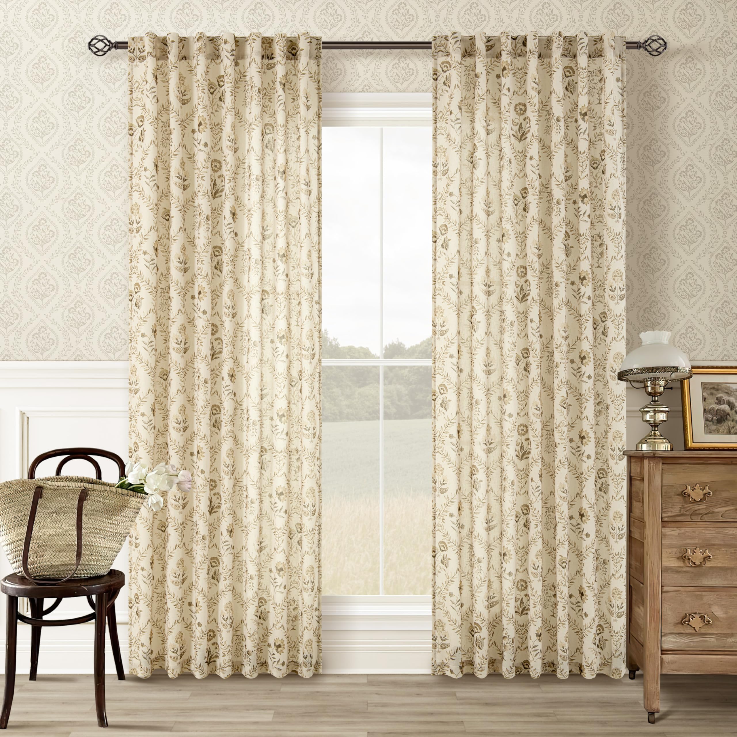 TWOPANELS Spring Farmhouse Floral Linen Curtains 84 Inch Length for Living Room Bedroom 2 Panels Semi Sheer Curtains Back Tab Tan Brown Patterned Flower on Beige Farmhouse Boho Rustic Window Drapes