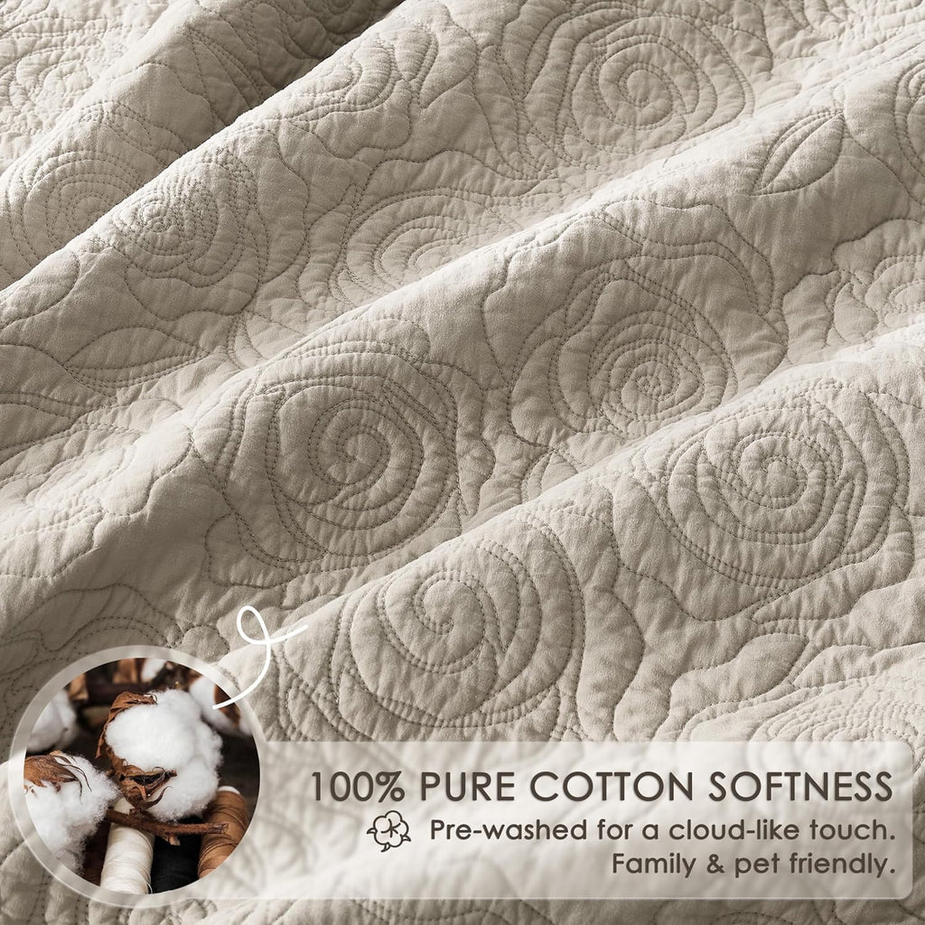 WDCOZY Beige 100% Cotton Quilt Queen Size Bedding Sets with 2 Pillow Shams, Floral Rosette Lightweight Bedspread Soft Farmhouse Patterned Coverlet Quilted Comforter Bed Cover for All Season, 3 Pieces