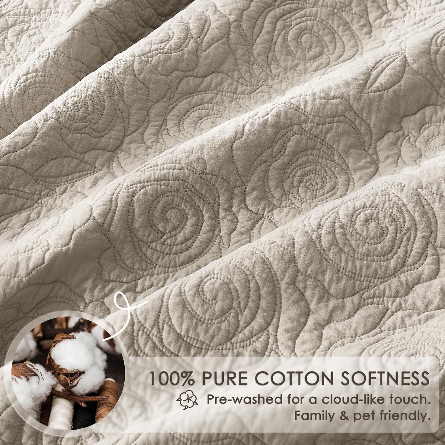 WDCOZY Beige 100% Cotton Quilt Queen Size Bedding Sets with 2 Pillow Shams, Floral Rosette Lightweight Bedspread Soft Farmhouse Patterned Coverlet Quilted Comforter Bed Cover for All Season, 3 Pieces