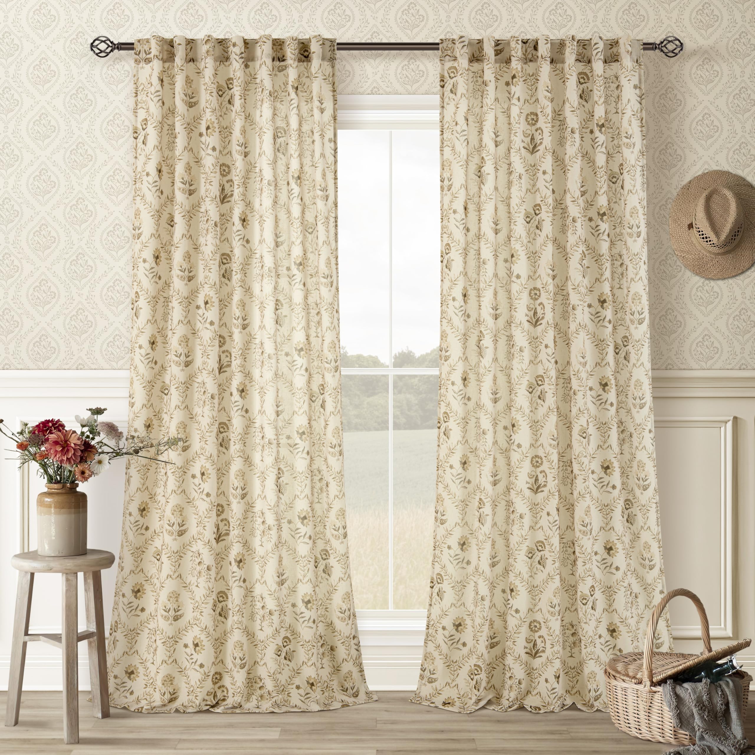 TWOPANELS Spring Farmhouse Floral Linen Curtains 84 Inch Length for Living Room Bedroom 2 Panels Semi Sheer Curtains Back Tab Tan Brown Patterned Flower on Beige Farmhouse Boho Rustic Window Drapes
