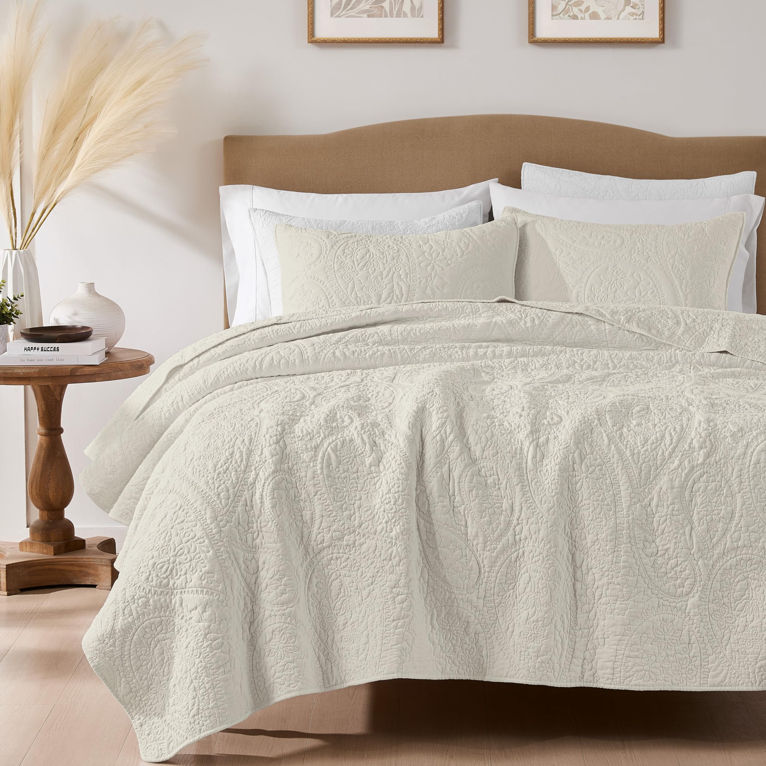 palassio Striped Blue Grey 100% Cotton Quilt King Size Bedding Sets, Lightweight Crinkly Channel Pick Stitch Textured Bedspread Soft Shabby Chic Farmhouse Country Coverlet for All Season, 2 Shams