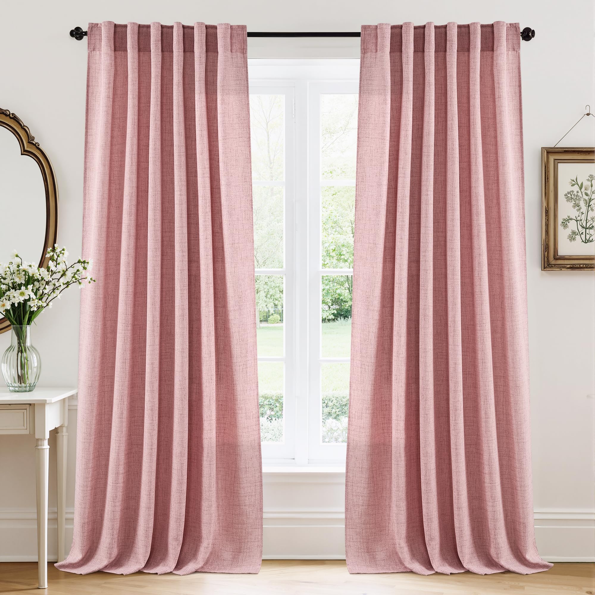RYB HOME Semi Sheer Curtains - Linen Blend Privacy Curtains Sheer Window Treatment Drapes Farmhouse Decor for Bedroom Living Room Sliding Glass Door, 52 inch Wide x 95 inch Long 2 Panels, Linen