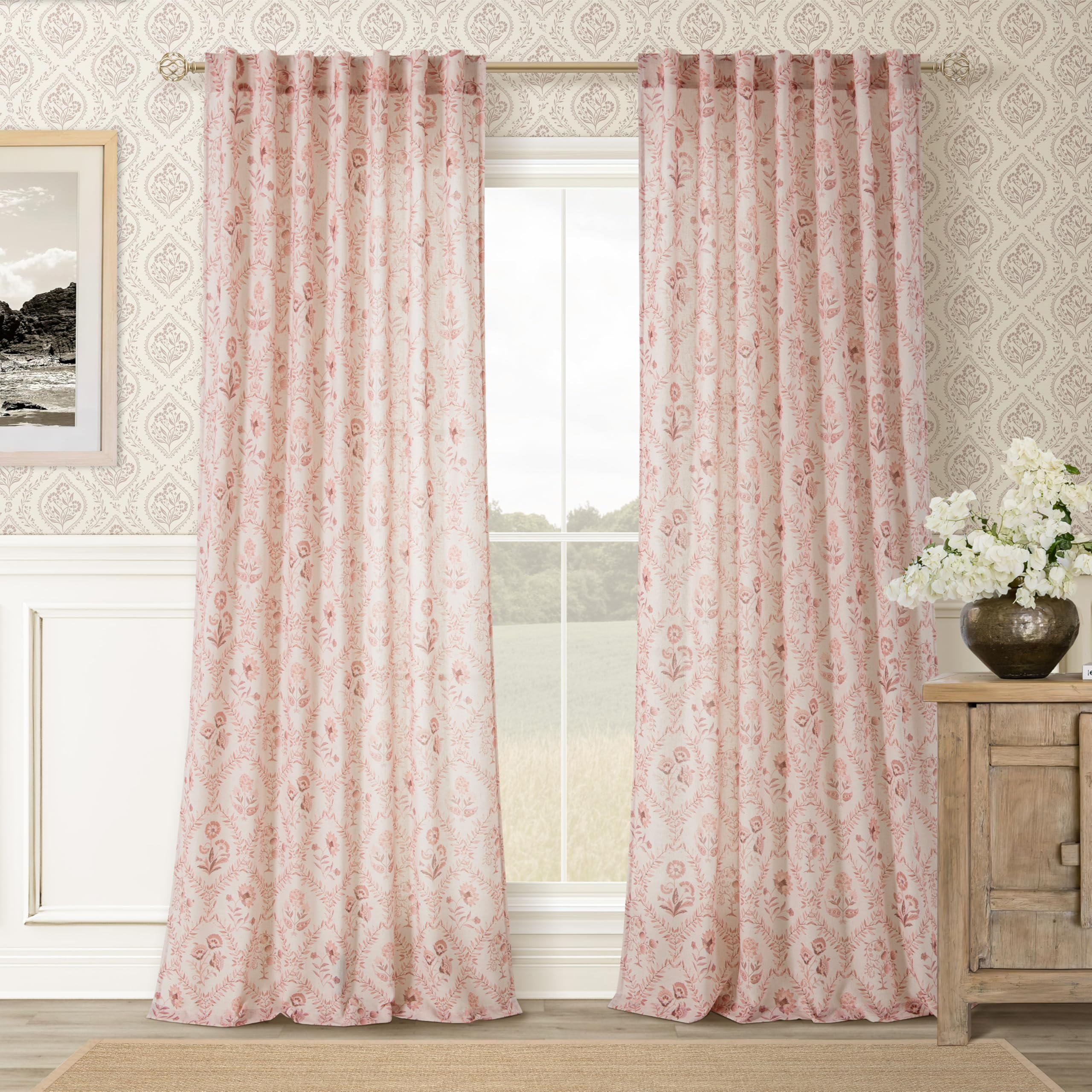 TWOPANELS Spring Farmhouse Floral Linen Curtains 84 Inch Length for Living Room Bedroom 2 Panels Semi Sheer Curtains Back Tab Tan Brown Patterned Flower on Beige Farmhouse Boho Rustic Window Drapes