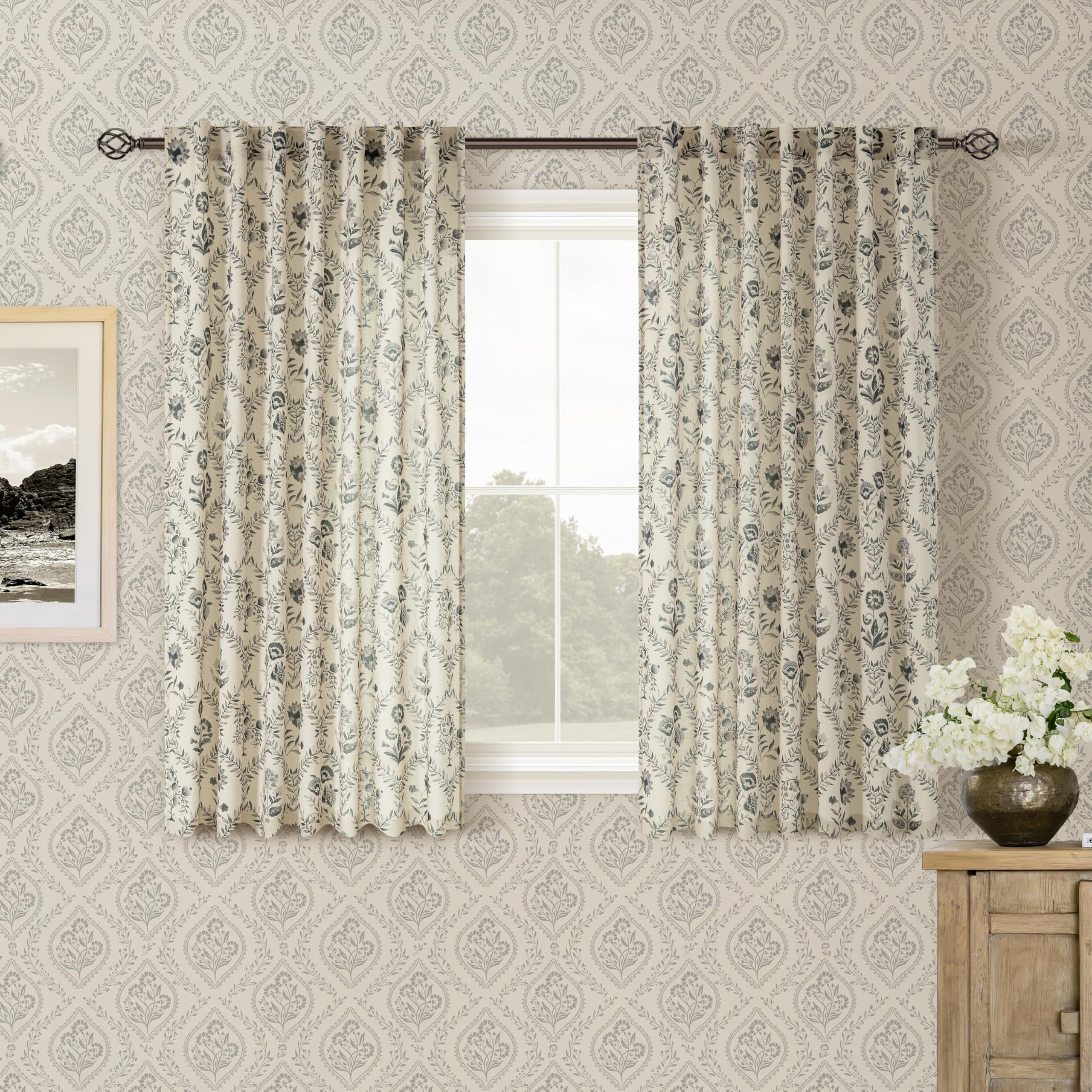 TWOPANELS Spring Farmhouse Floral Linen Curtains 84 Inch Length for Living Room Bedroom 2 Panels Semi Sheer Curtains Back Tab Tan Brown Patterned Flower on Beige Farmhouse Boho Rustic Window Drapes