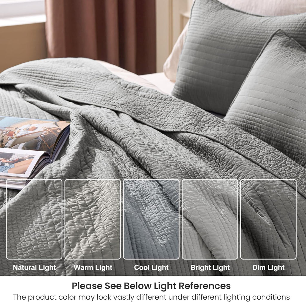 Love's cabin Queen Size Cotton Quilt Set, 100% Cotton Fabric Striped Textured Coverlet with Crinkled Look, Lightweight Quilted Bedspread for All Season, Includes 2 Pillow Shams, Grey | Lightweight