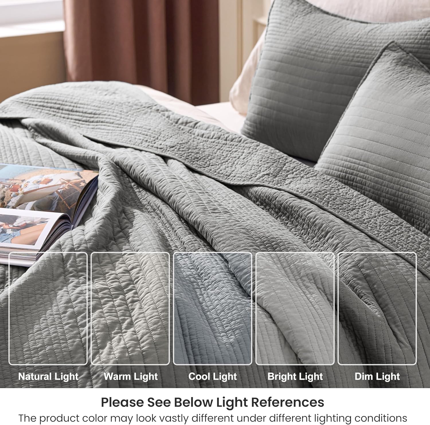 Love's cabin Queen Size Cotton Quilt Set, 100% Cotton Fabric Striped Textured Coverlet with Crinkled Look, Lightweight Quilted Bedspread for All Season, Includes 2 Pillow Shams, Grey | Lightweight