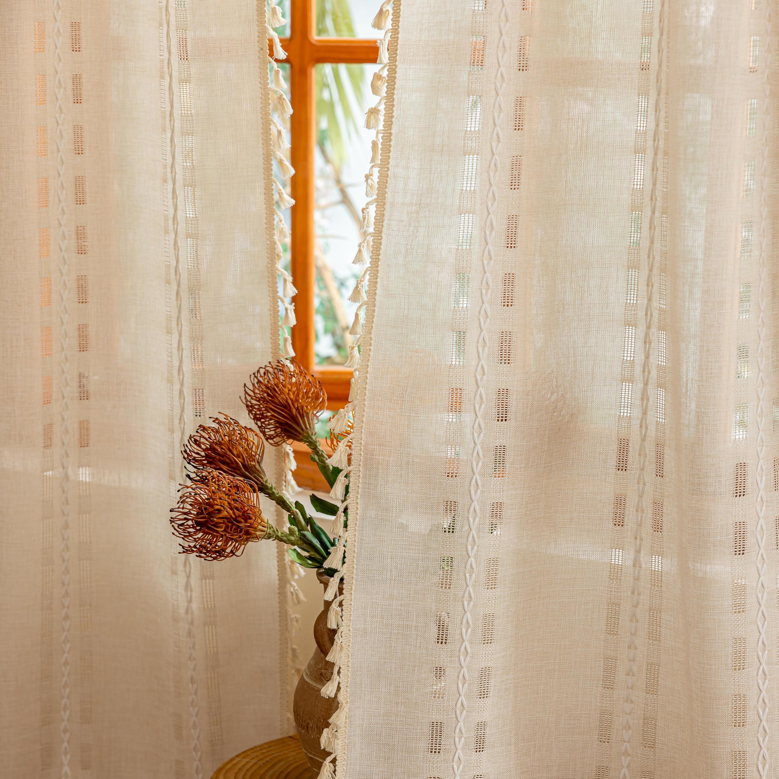 Blue Boho Sheer Curtains 72 inches Long 2 Panels for Bedroom, Light filtering Semi Sheer Bohemian French Country Privacy Tassels Vintage Chic Embroidery Stripes Window Curtains Back Tab, 50" W