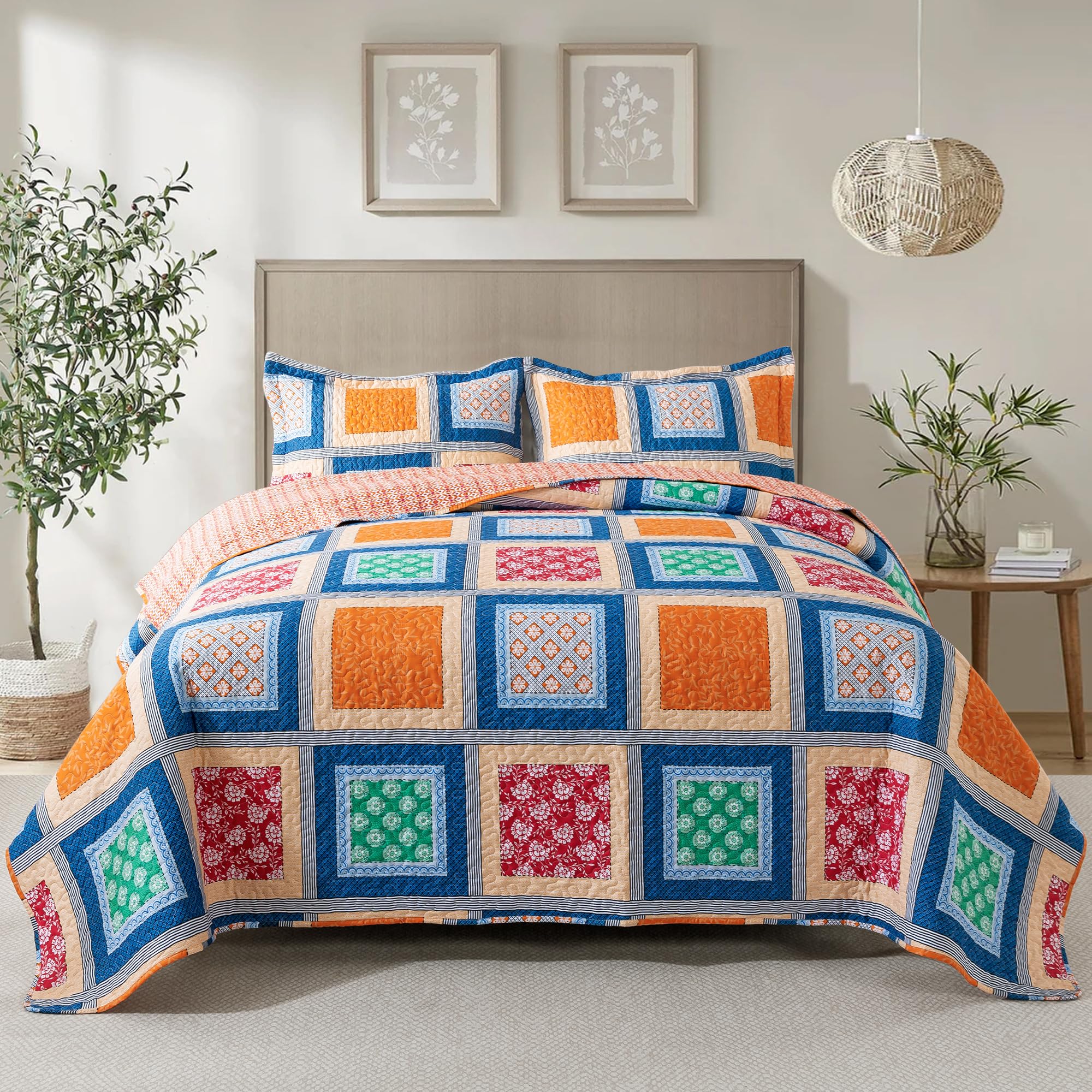NEWLAKE Quilt Set Queen Size, 100% Cotton Patchwork Green Bohemian Quilt Sets, Reversible Bedspread Lightweight and Breathable for All Seasons, Soft Quilted Bedspread with 2 Pillow Shams