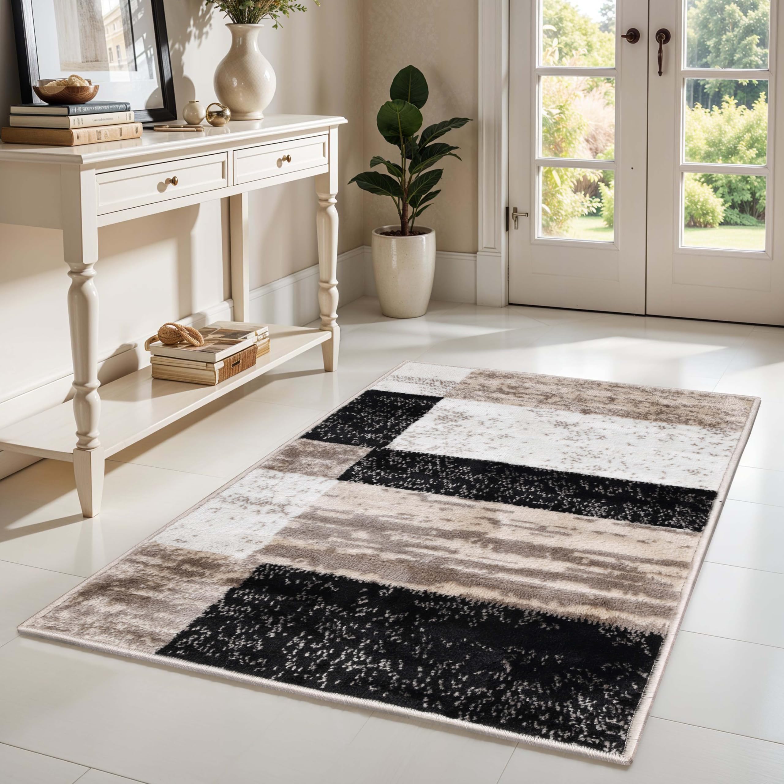 SUPERIOR Indoor Area Rug, Jute Backed, Modern Geometric Patchwork Floor Decor for Bedroom, Office, Living Room, Entryway, Hardwood Floors, Rockwood Collection, 4' x 6', Chocolate