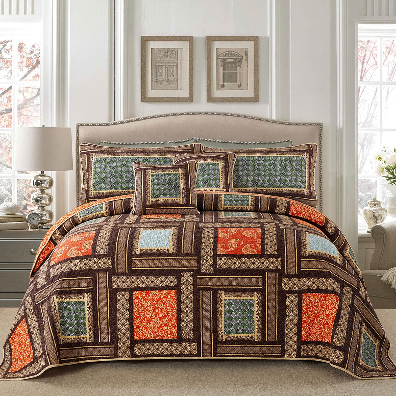 NEWLAKE Quilt Set Queen Size, 100% Cotton Patchwork Green Bohemian Quilt Sets, Reversible Bedspread Lightweight and Breathable for All Seasons, Soft Quilted Bedspread with 2 Pillow Shams