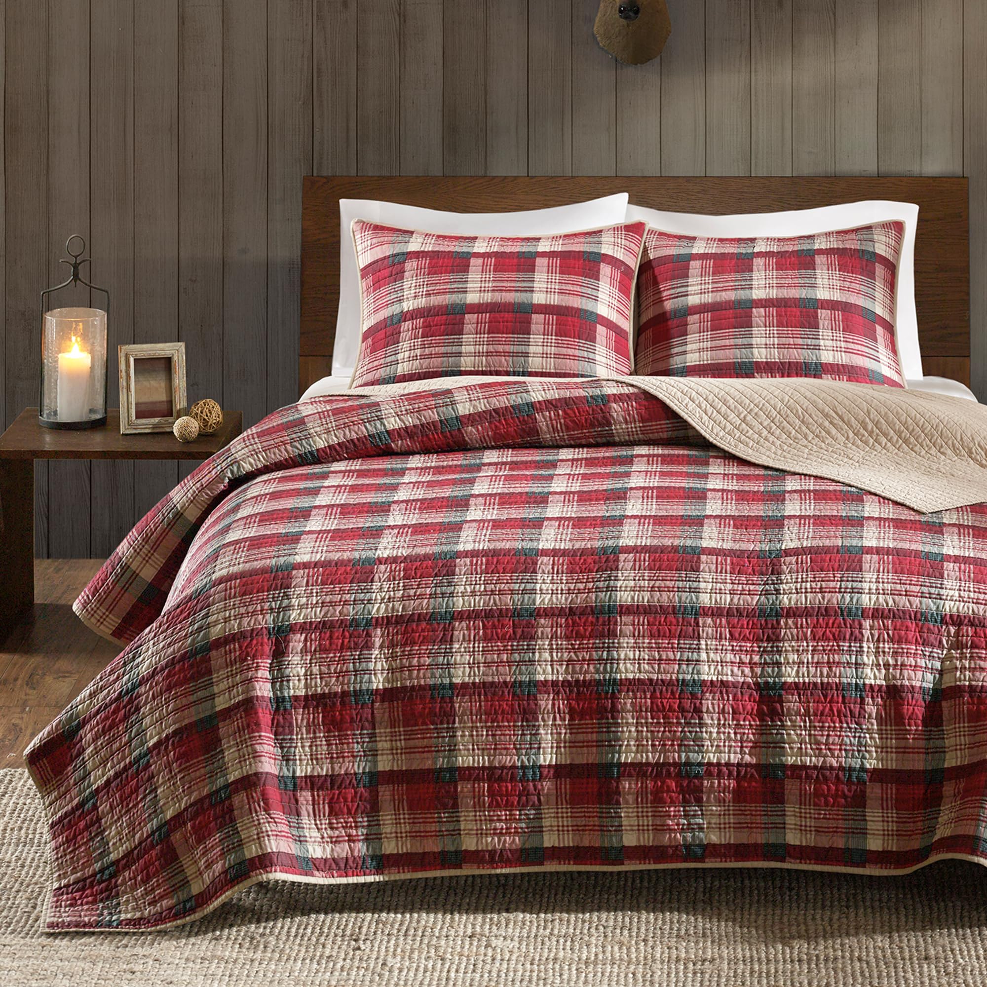 Woolrich Winter Plains Reversible Quilt Set - Cottage Styling Reversed to Solid Color, All Season Lightweight Coverlet, Cozy Bedding Layer, Matching Shams, Oversized Full/Queen, Stripes Taupe 3 Piece