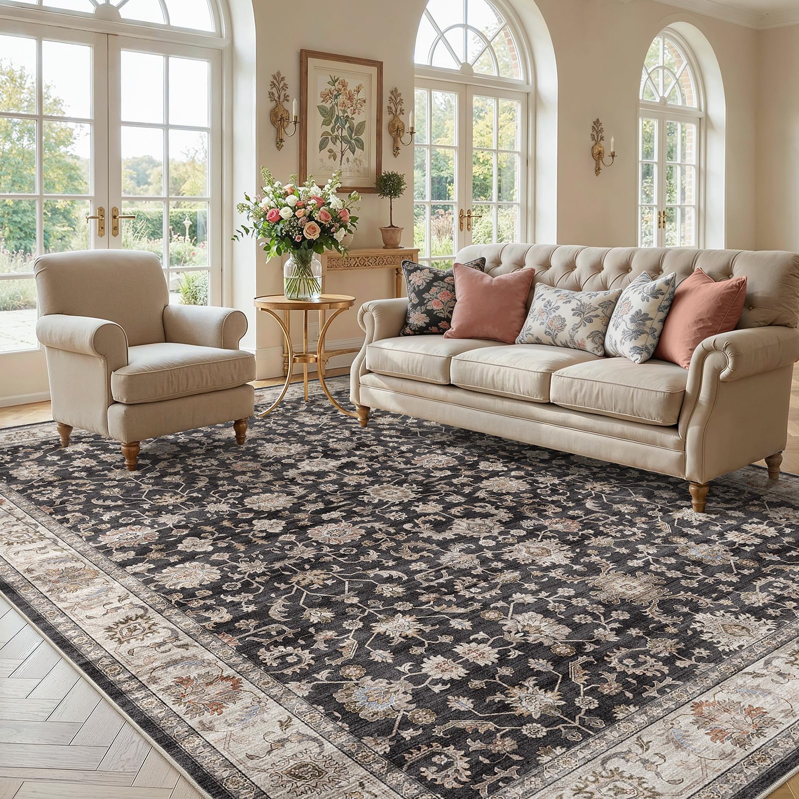 WITSHOCK 10x14 Area Rugs Living Room: Washable Large Neutral Vintage Soft Rug Stain Resistant Non-Slip Farmhouse Indoor Low Pile Floor Carpet for Bedroom Nursery Kids Office- Light Blue