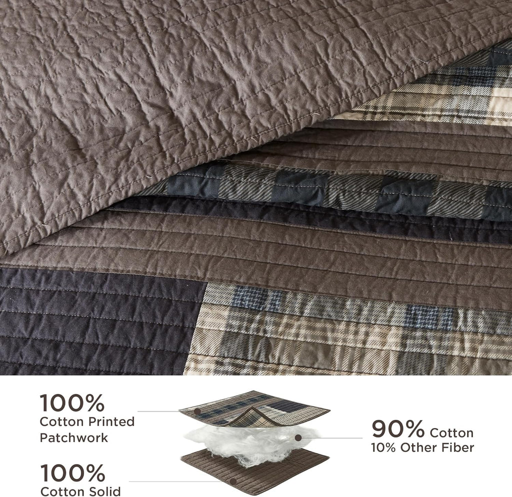 Woolrich Winter Plains Reversible Quilt Set - Cottage Styling Reversed to Solid Color, All Season Lightweight Coverlet, Cozy Bedding Layer, Matching Shams, Oversized Full/Queen, Stripes Taupe 3 Piece