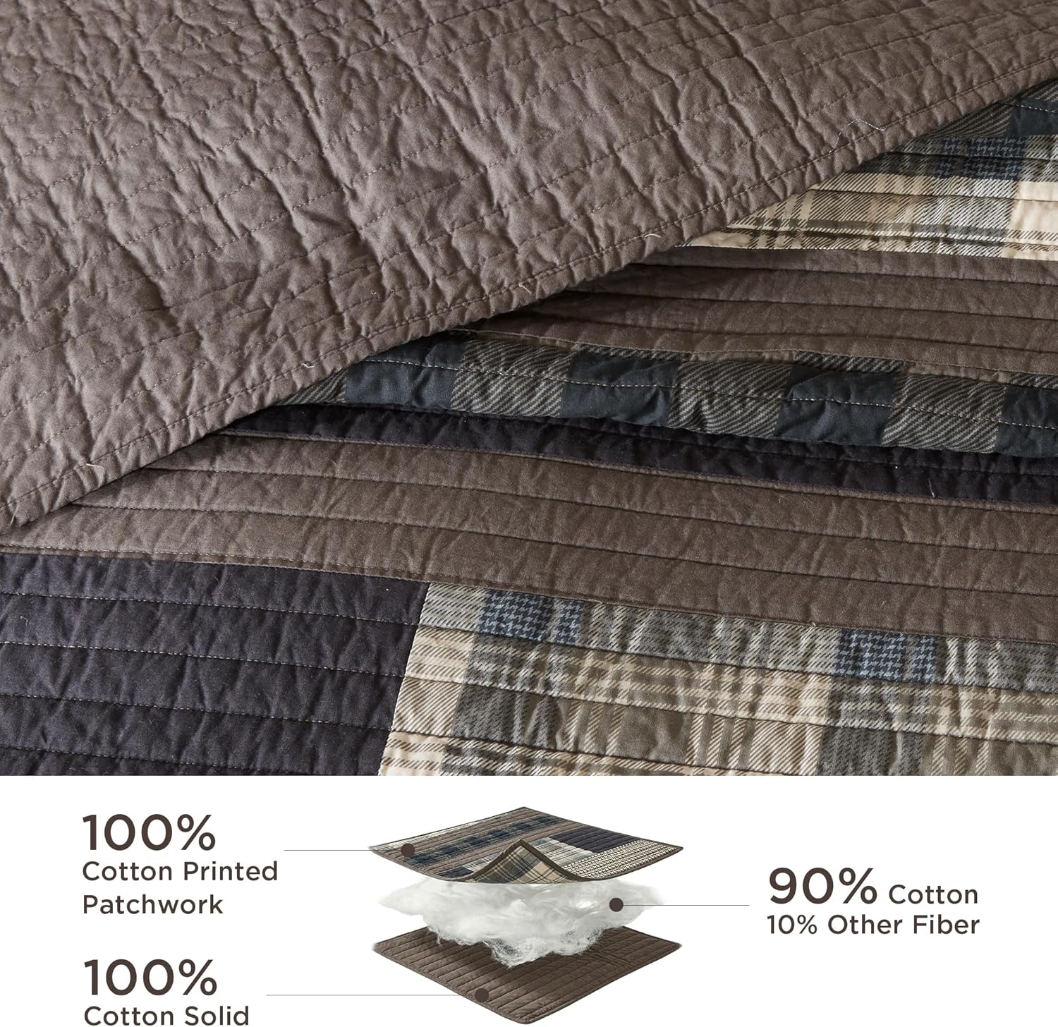 Woolrich Winter Plains Reversible Quilt Set - Cottage Styling Reversed to Solid Color, All Season Lightweight Coverlet, Cozy Bedding Layer, Matching Shams, Oversized Full/Queen, Stripes Taupe 3 Piece