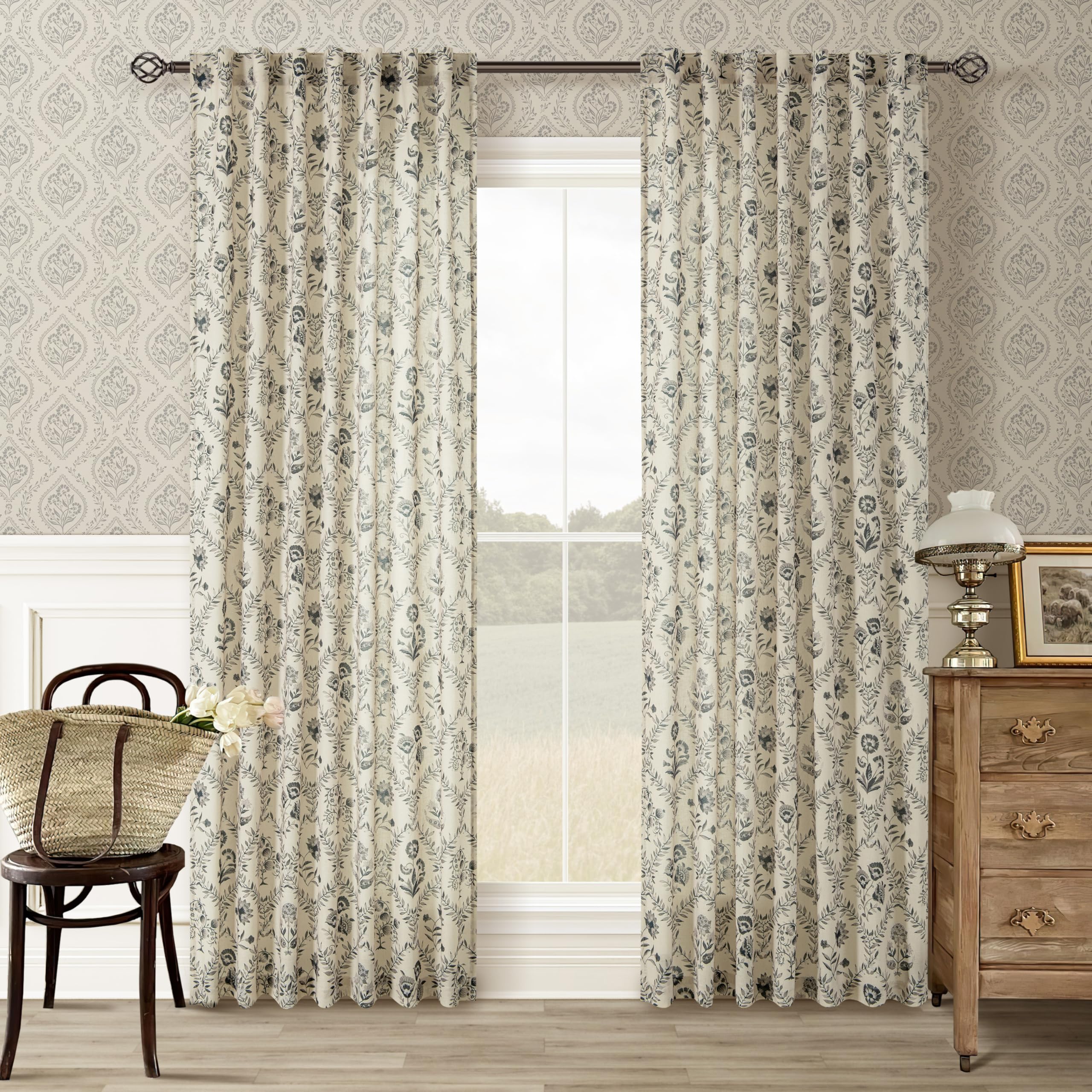 TWOPANELS Spring Farmhouse Floral Linen Curtains 84 Inch Length for Living Room Bedroom 2 Panels Semi Sheer Curtains Back Tab Tan Brown Patterned Flower on Beige Farmhouse Boho Rustic Window Drapes