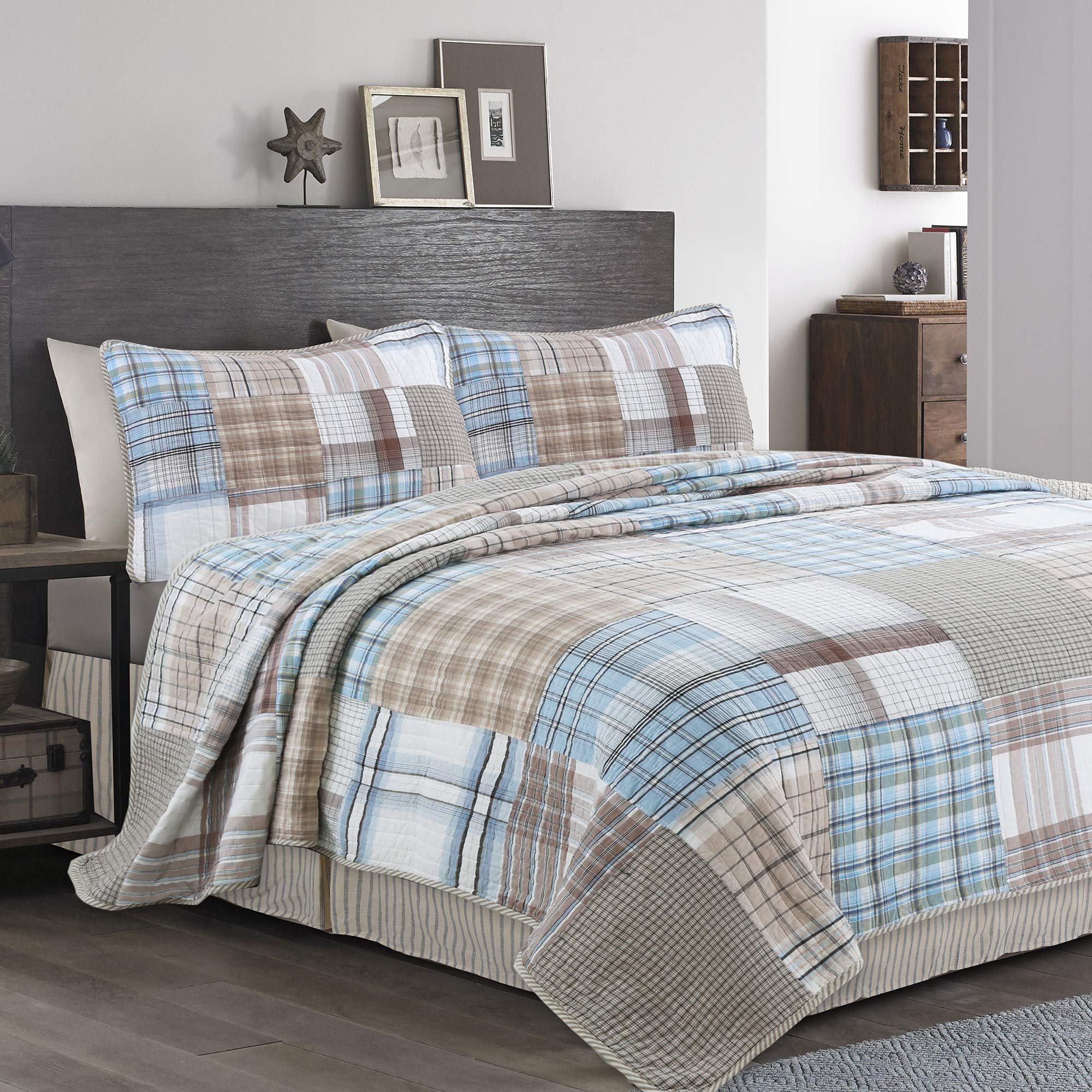 Cozy Line Home Fashions 100% Cotton Reversible Quilt Bedding Set, Classic Taupe Tan Striped Patchwork All-Season Coverlet Bedspread (Winter Plains, Queen-3 Piece)
