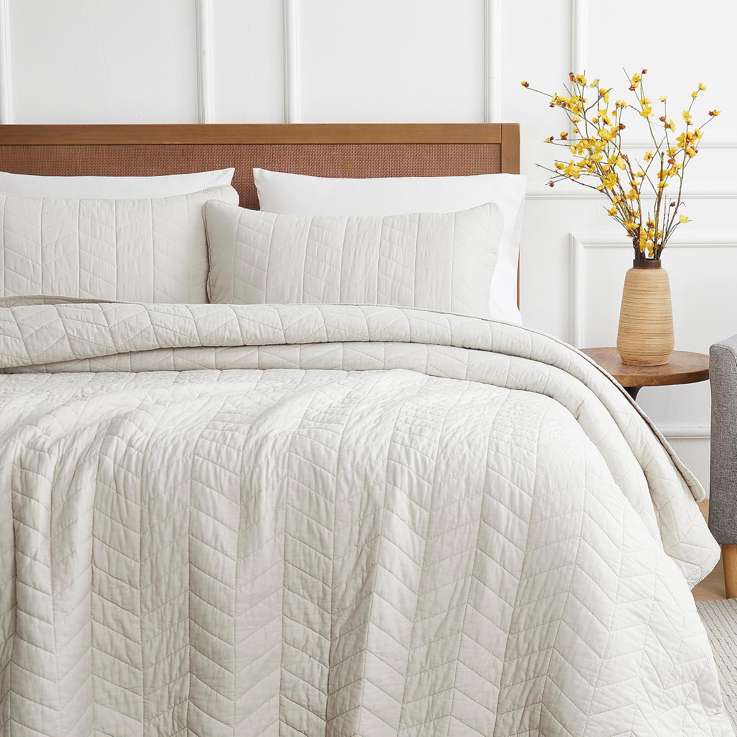 palassio Beige Cotton Quilt Queen Size Bedding Sets with Pillow Shams, White Lightweight Soft Bedspread Coverlet, Tan Cream Quilted Comforter Bed Cover for All Season, 3 Pieces, 90x96 inches