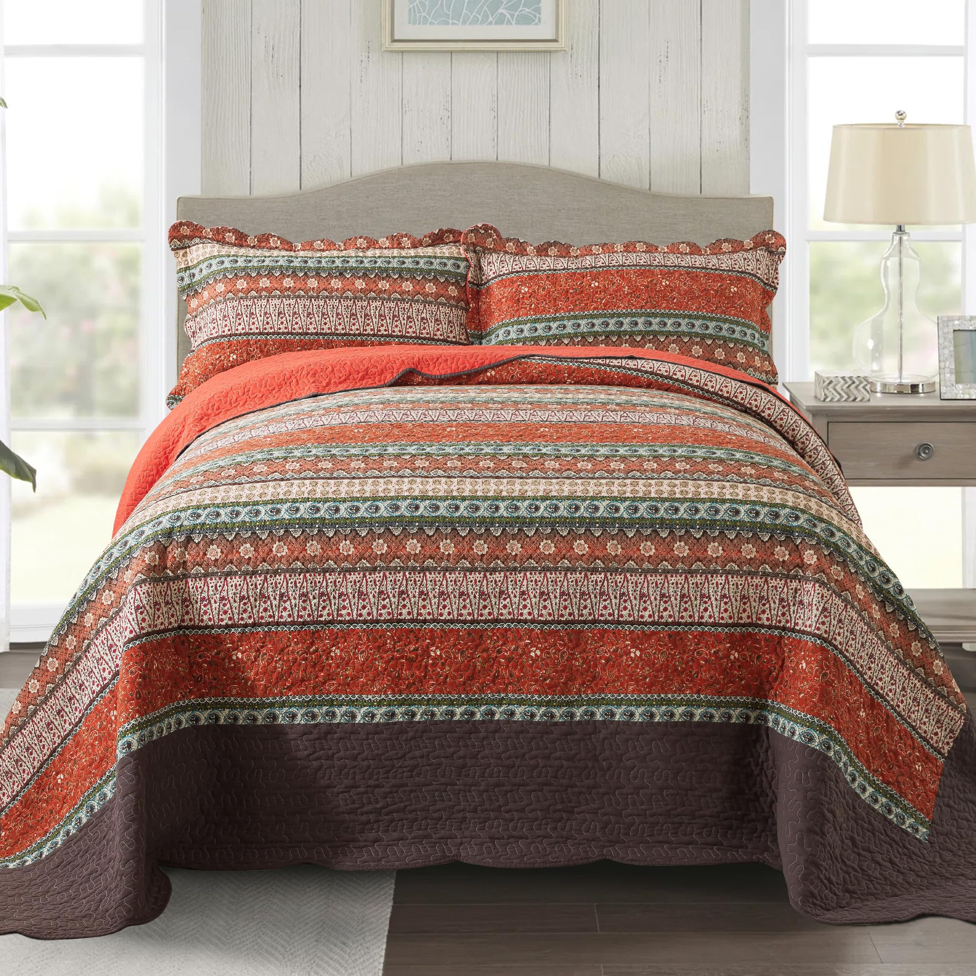 NEWLAKE Quilt Set Queen Size, 100% Cotton Patchwork Green Bohemian Quilt Sets, Reversible Bedspread Lightweight and Breathable for All Seasons, Soft Quilted Bedspread with 2 Pillow Shams