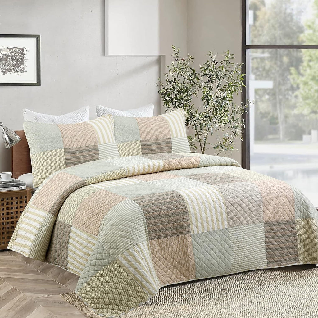 Cozy Line Home Fashions 100% Cotton Reversible Quilt Bedding Set, Classic Taupe Tan Striped Patchwork All-Season Coverlet Bedspread (Winter Plains, Queen-3 Piece)