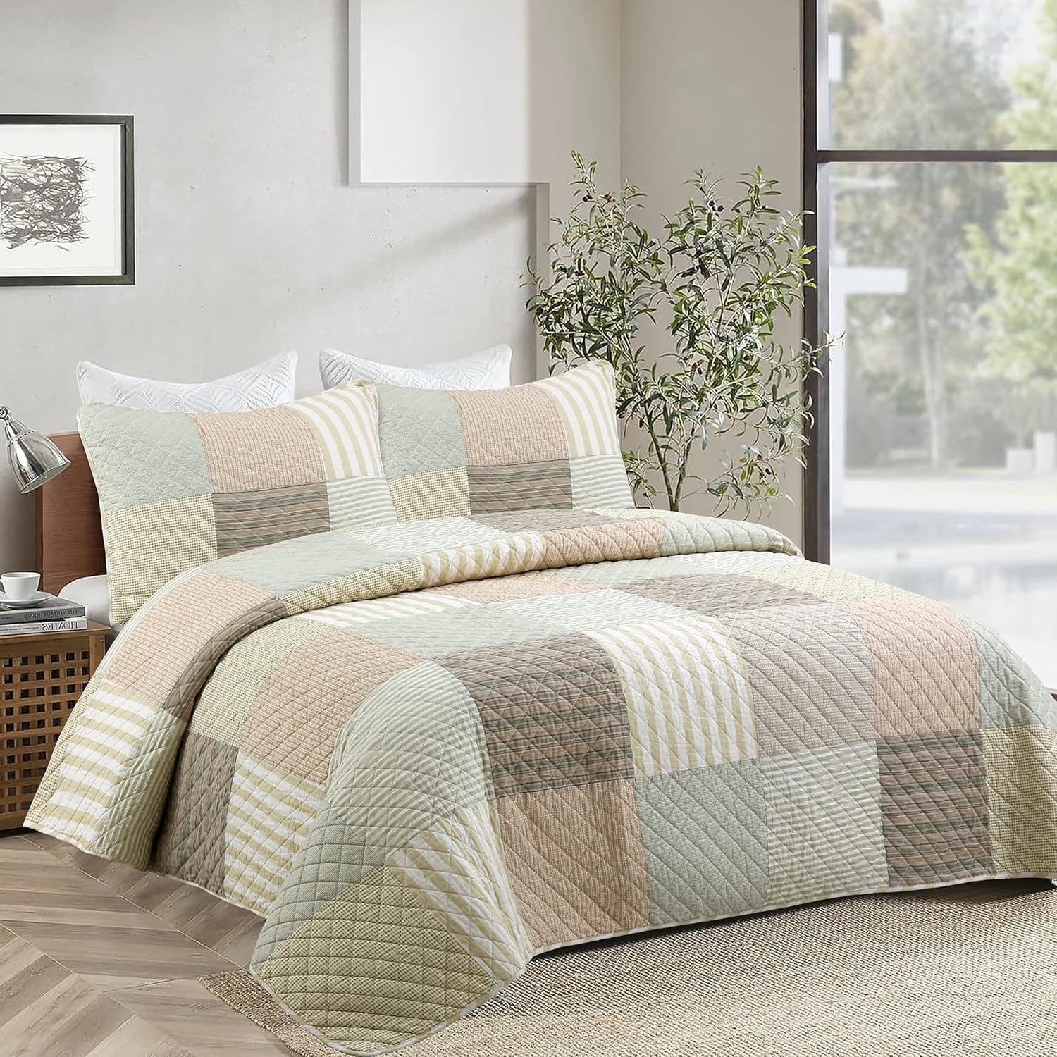 Cozy Line Home Fashions 100% Cotton Reversible Quilt Bedding Set, Classic Taupe Tan Striped Patchwork All-Season Coverlet Bedspread (Winter Plains, Queen-3 Piece)