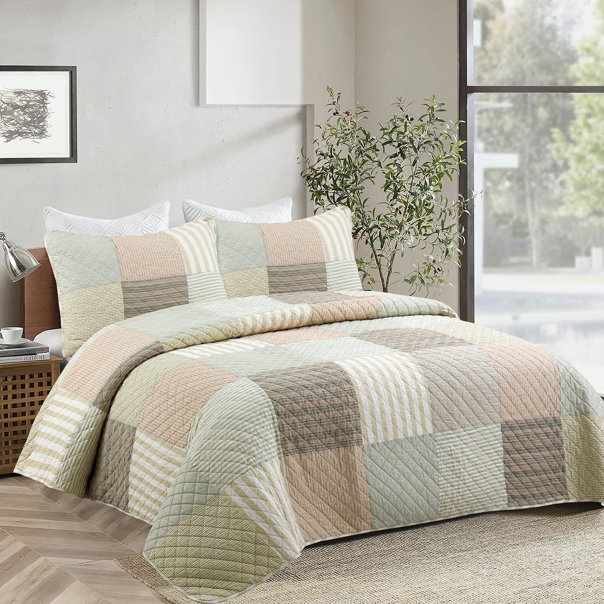 Cozy Line Home Fashions 100% Cotton Reversible Quilt Bedding Set, Classic Taupe Tan Striped Patchwork All-Season Coverlet Bedspread (Winter Plains, Queen-3 Piece)