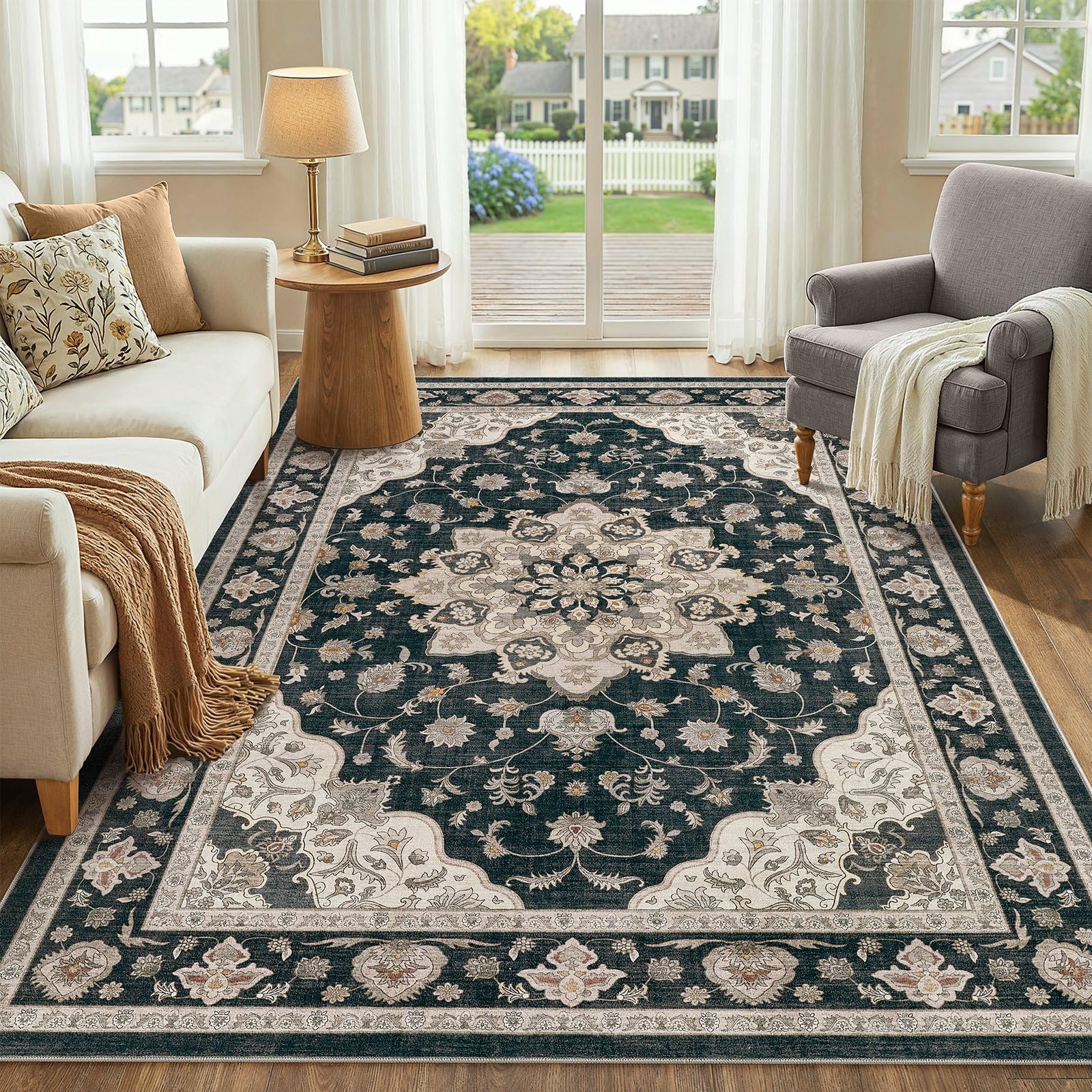 WITSHOCK 10x14 Area Rugs Living Room: Washable Large Neutral Vintage Soft Rug Stain Resistant Non-Slip Farmhouse Indoor Low Pile Floor Carpet for Bedroom Nursery Kids Office- Light Blue