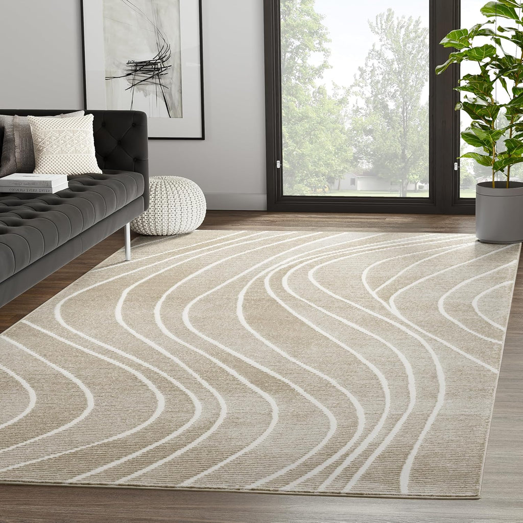Abani Modern Geometric Wavy Area Rug - Cream, 4' x 6' - Chunky, Plush and Soft Washable Carpet - Perfect for Living Room & Bedroom - Plush Deco Collection