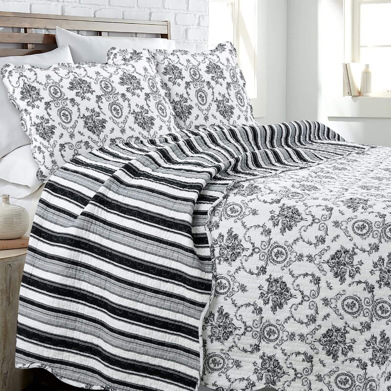 Cozy Line Home Fashions French Medallion 100% Cotton Bedding Quilt Set, Beige Ivory Rose Flower Reversible Coverlet Bedspread (Cream Eggnog, Queen -3 piece)