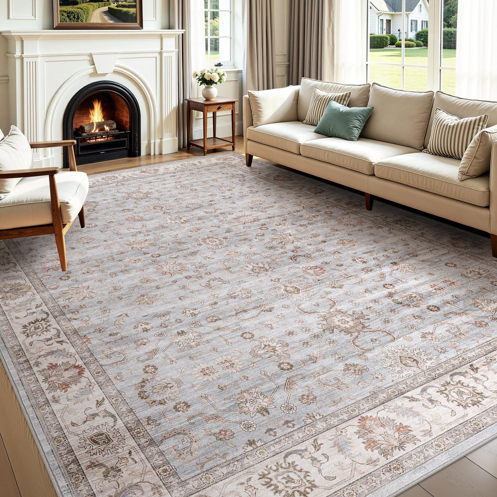 WITSHOCK 10x14 Area Rugs Living Room: Washable Large Neutral Vintage Soft Rug Stain Resistant Non-Slip Farmhouse Indoor Low Pile Floor Carpet for Bedroom Nursery Kids Office- Light Blue