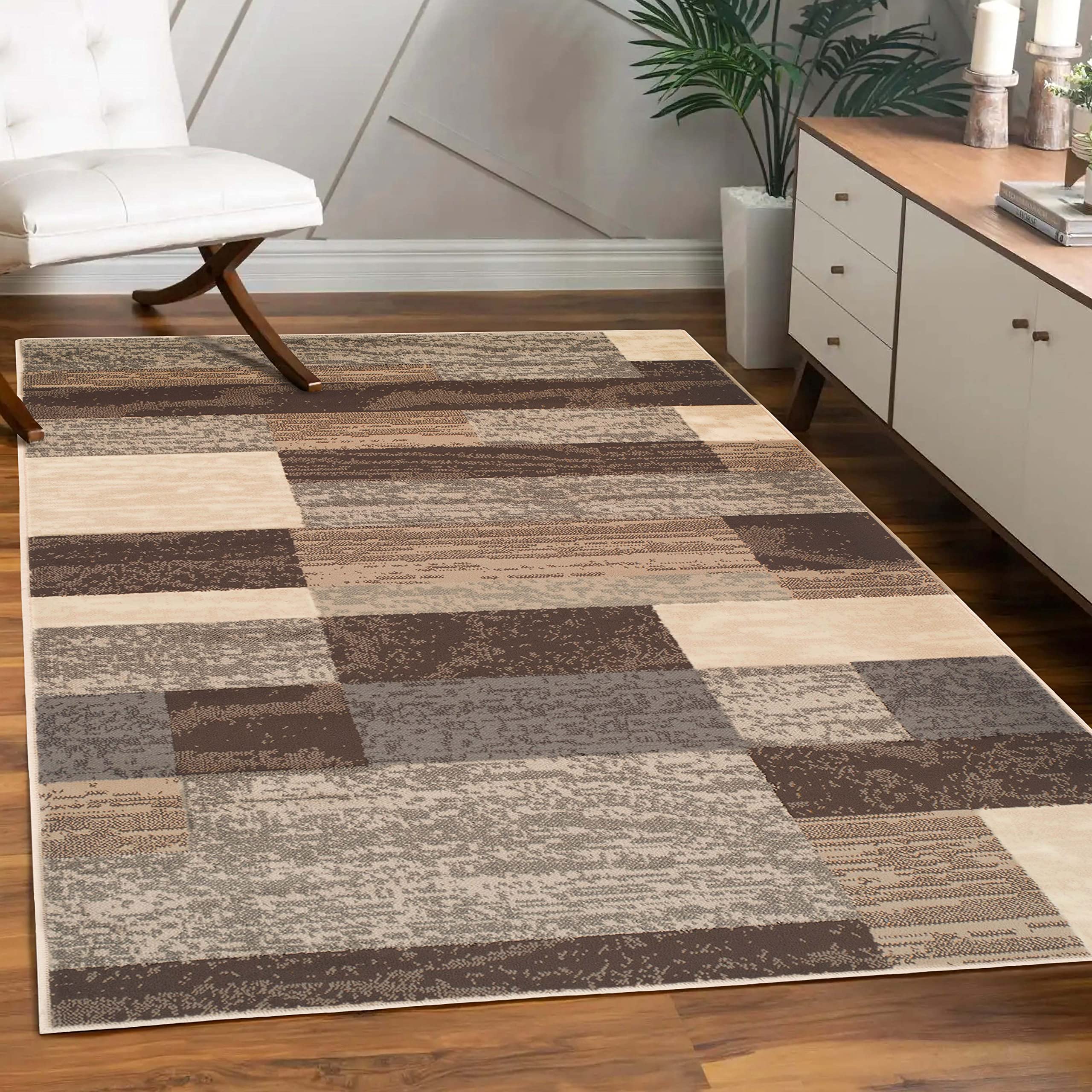SUPERIOR Indoor Area Rug, Jute Backed, Modern Geometric Patchwork Floor Decor for Bedroom, Office, Living Room, Entryway, Hardwood Floors, Rockwood Collection, 4' x 6', Chocolate