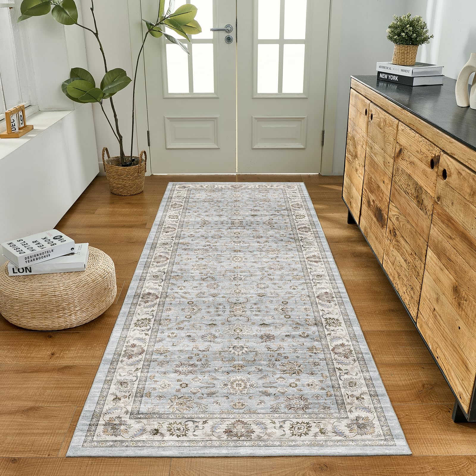 WITSHOCK 10x14 Area Rugs Living Room: Washable Large Neutral Vintage Soft Rug Stain Resistant Non-Slip Farmhouse Indoor Low Pile Floor Carpet for Bedroom Nursery Kids Office- Light Blue