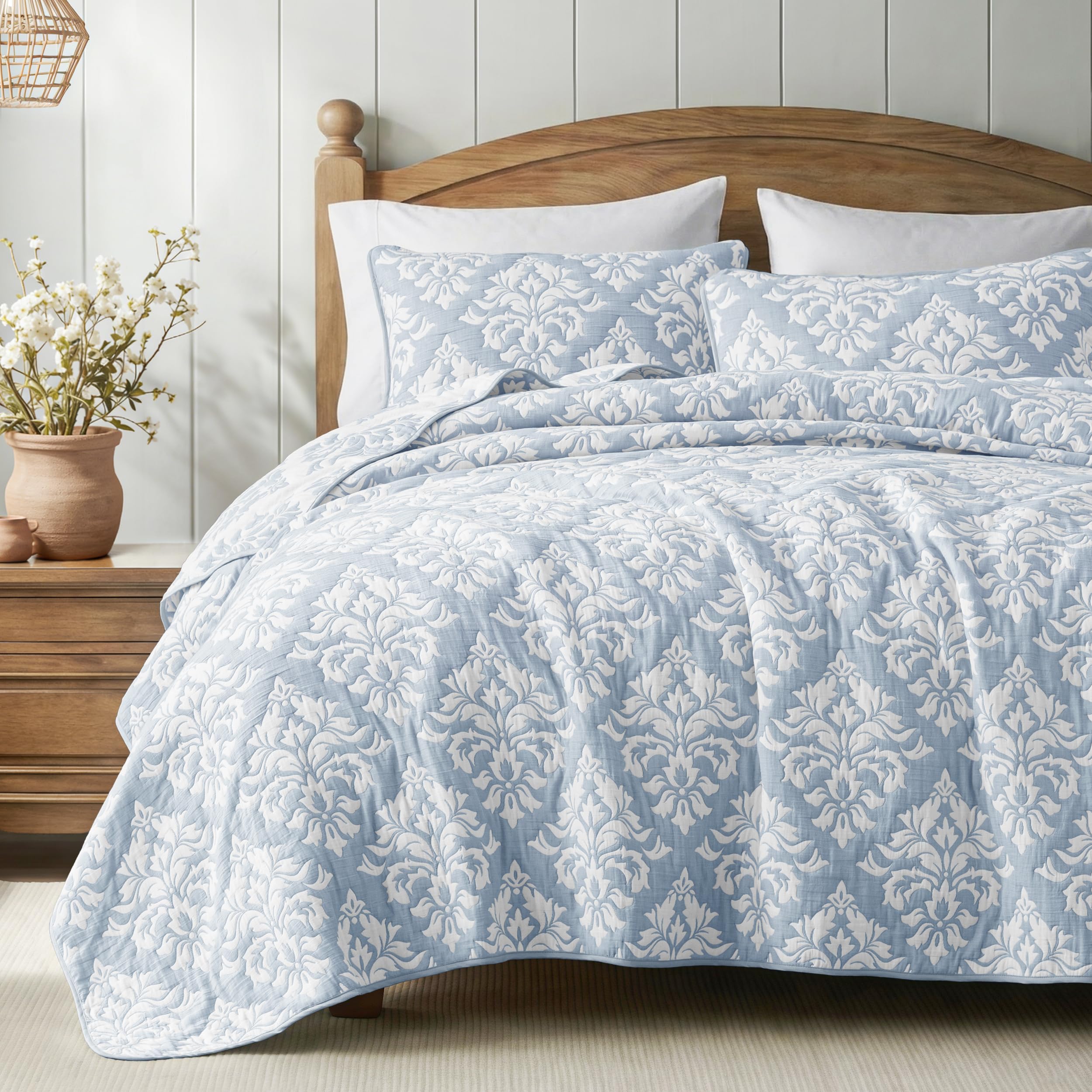 Exclusivo Mezcla Cotton Quilts Queen Size Beige, Soft Lightweight Bedspread Breathable Prewashed Bed Coverlet with 2 Pillow Shams, Boho Pattern Yarn Dyed Muslin Quilt Bedding Set for All Seasons