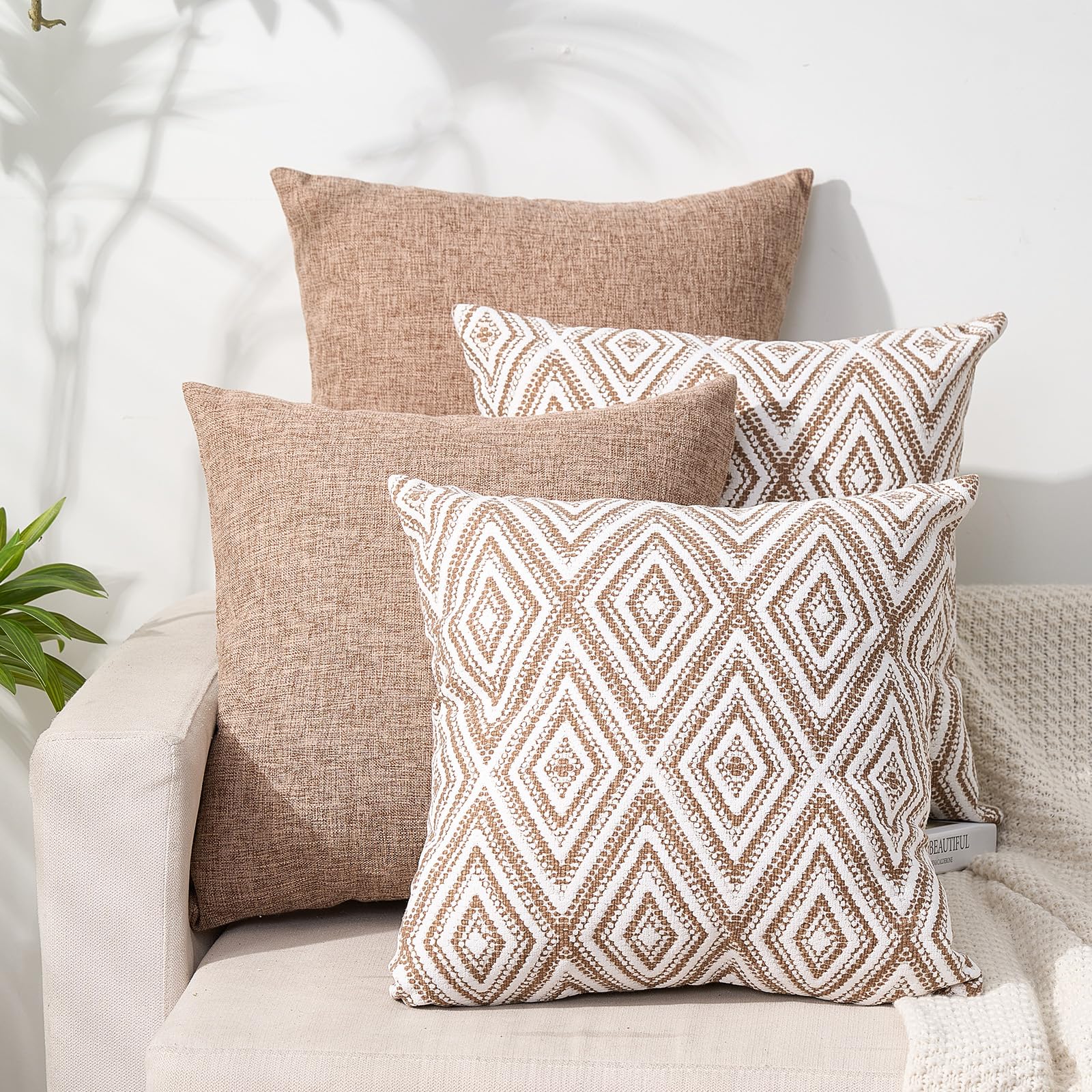 HPUK Decorative Throw Pillow Covers Set of 4 Geometric Design Linen Cushion Cover for Couch Sofa Living Room, 18"x18" inches, Golden Brown