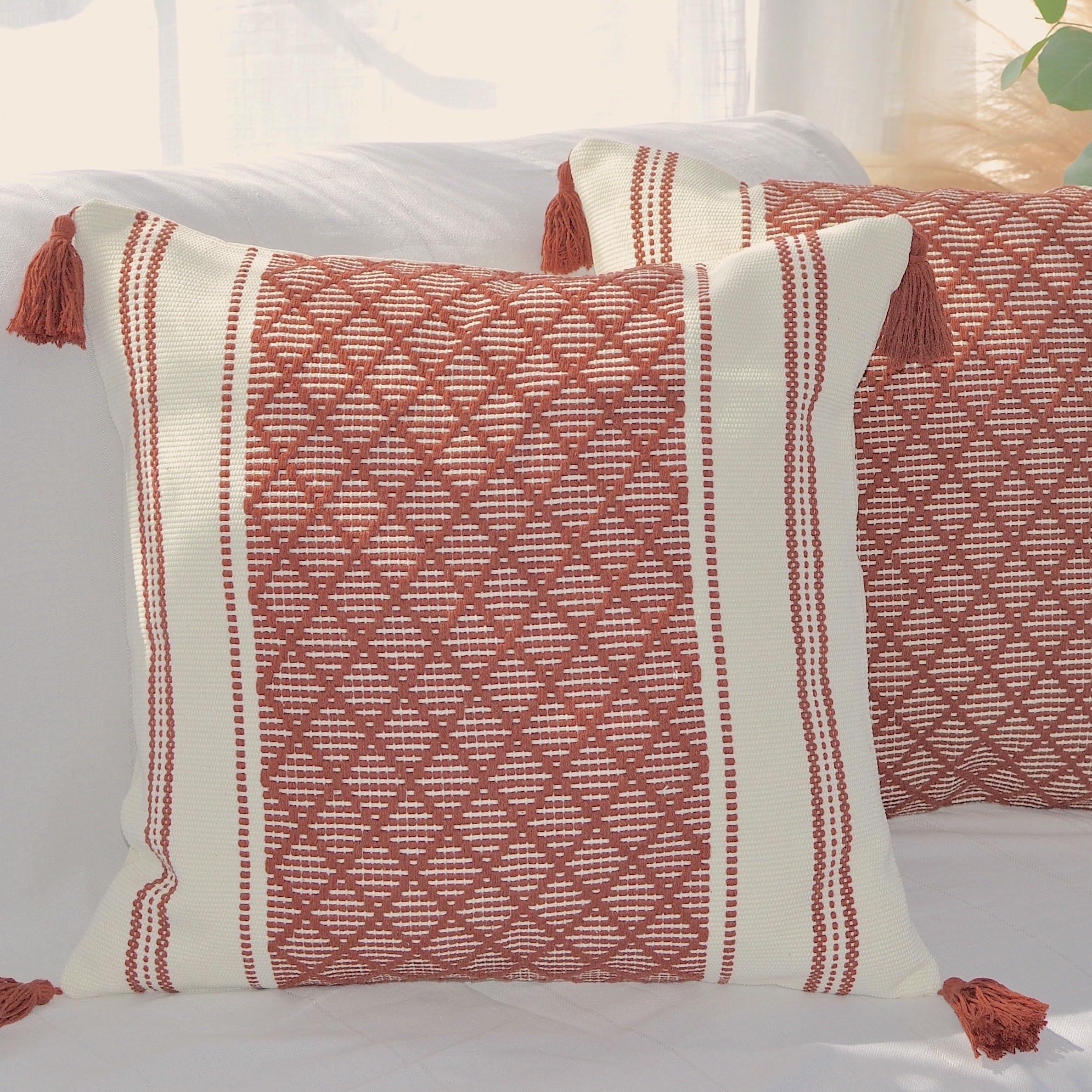 Boho Throw Pillow Covers with Tassels Navy Blue 16x16 inches Set of 2 Checkered Geometric Pattern/Decorative Square Pillow Covers for Couch Sofa Indoor Outdoor/Farmhouse Accent Pillow Cases