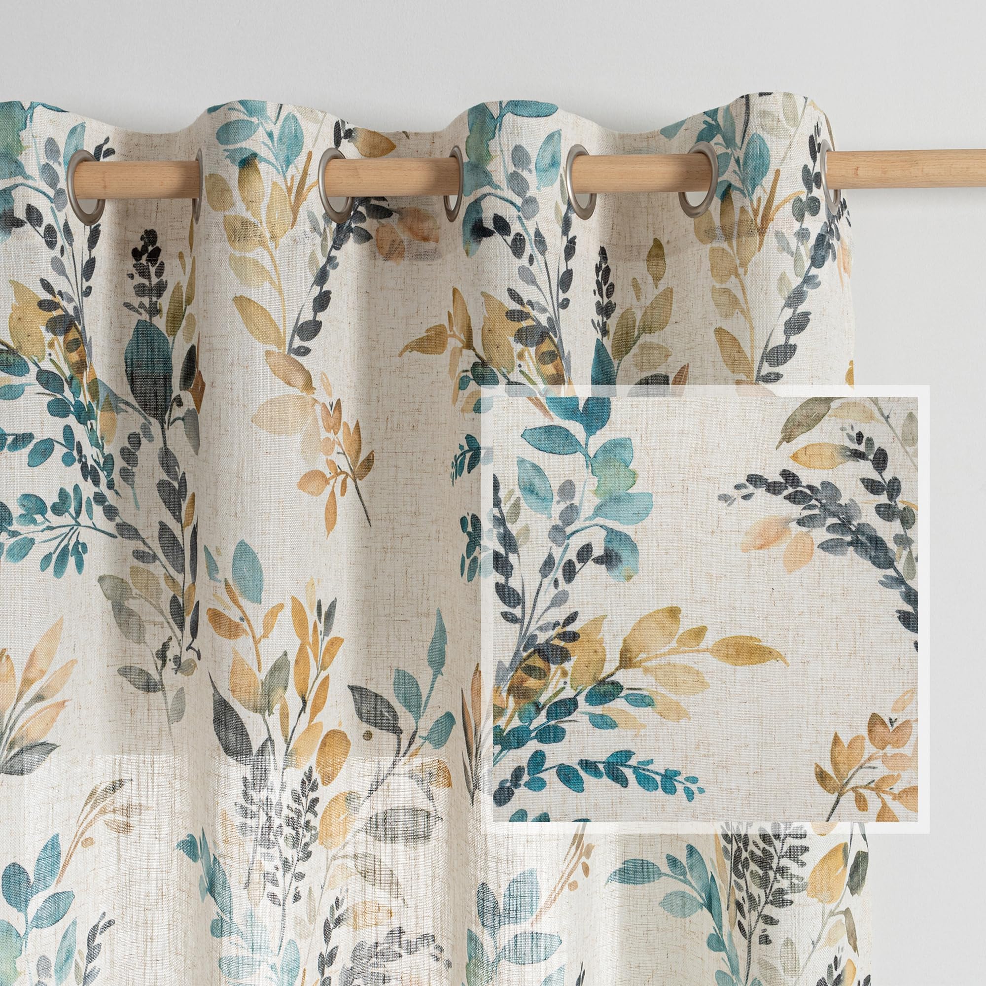 MYSKY HOME Floral Curtains for Living Room Linen Look Semi Sheer Vertical Light Filtering Privacy Drapes Decor Farmhouse Style Texture for Bedroom Dining Room, Brown, W52 x L84, Pack-2