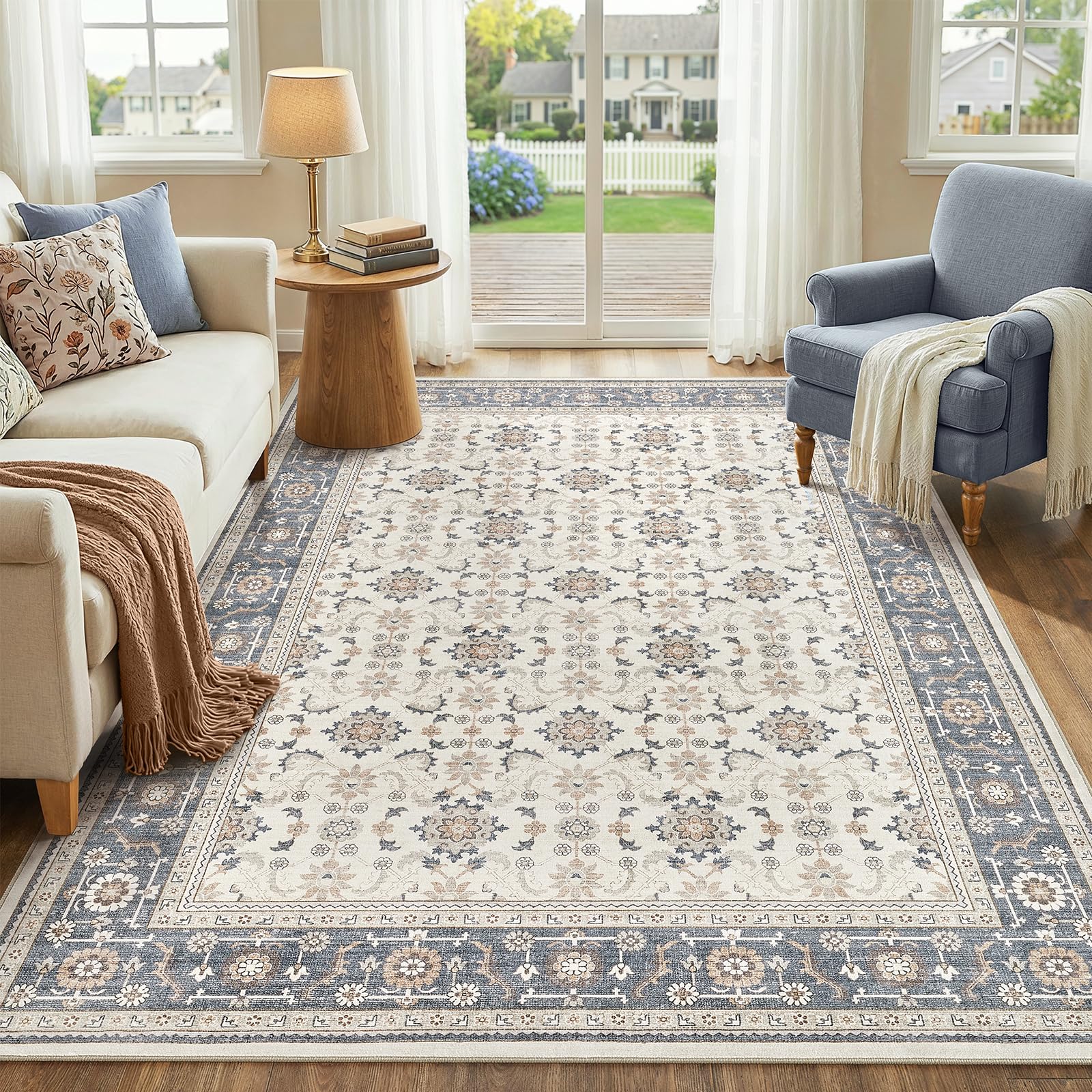 WITSHOCK 10x14 Area Rugs Living Room: Washable Large Neutral Vintage Soft Rug Stain Resistant Non-Slip Farmhouse Indoor Low Pile Floor Carpet for Bedroom Nursery Kids Office- Light Blue