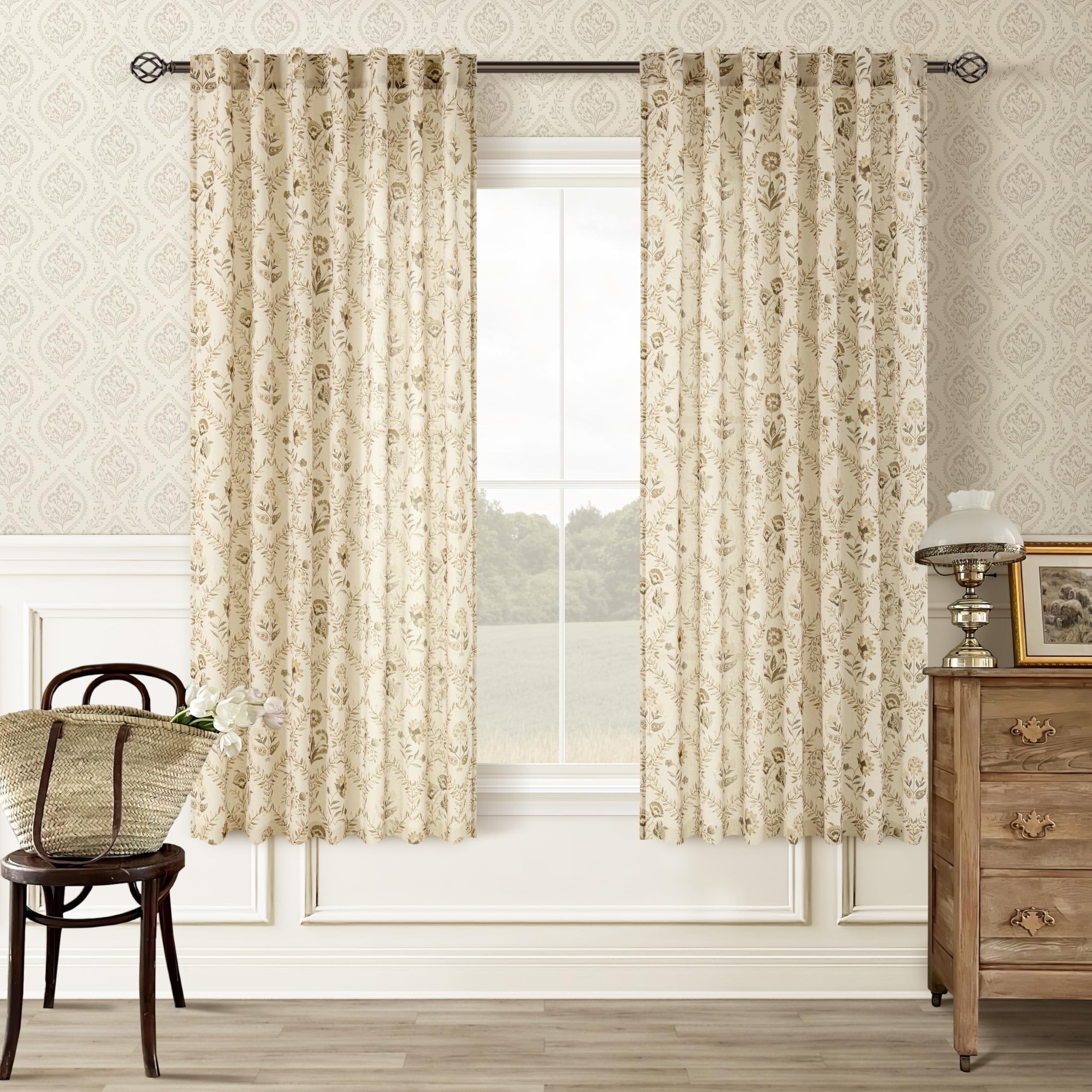TWOPANELS Spring Farmhouse Floral Linen Curtains 84 Inch Length for Living Room Bedroom 2 Panels Semi Sheer Curtains Back Tab Tan Brown Patterned Flower on Beige Farmhouse Boho Rustic Window Drapes